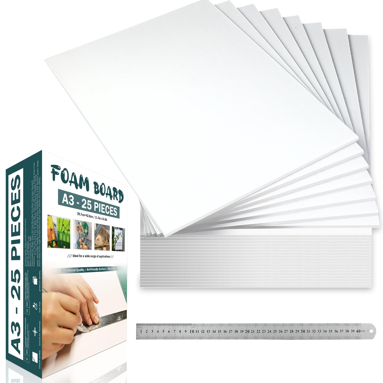 A3 Foam Board, White, 25 Pieces, 5mm Thick, Polystyrene Foam Sheet 29.7x42cm, with High-Precision Ruler, for Painting, Presentations, Arts and Crafts, Photo Mounting, Model Making