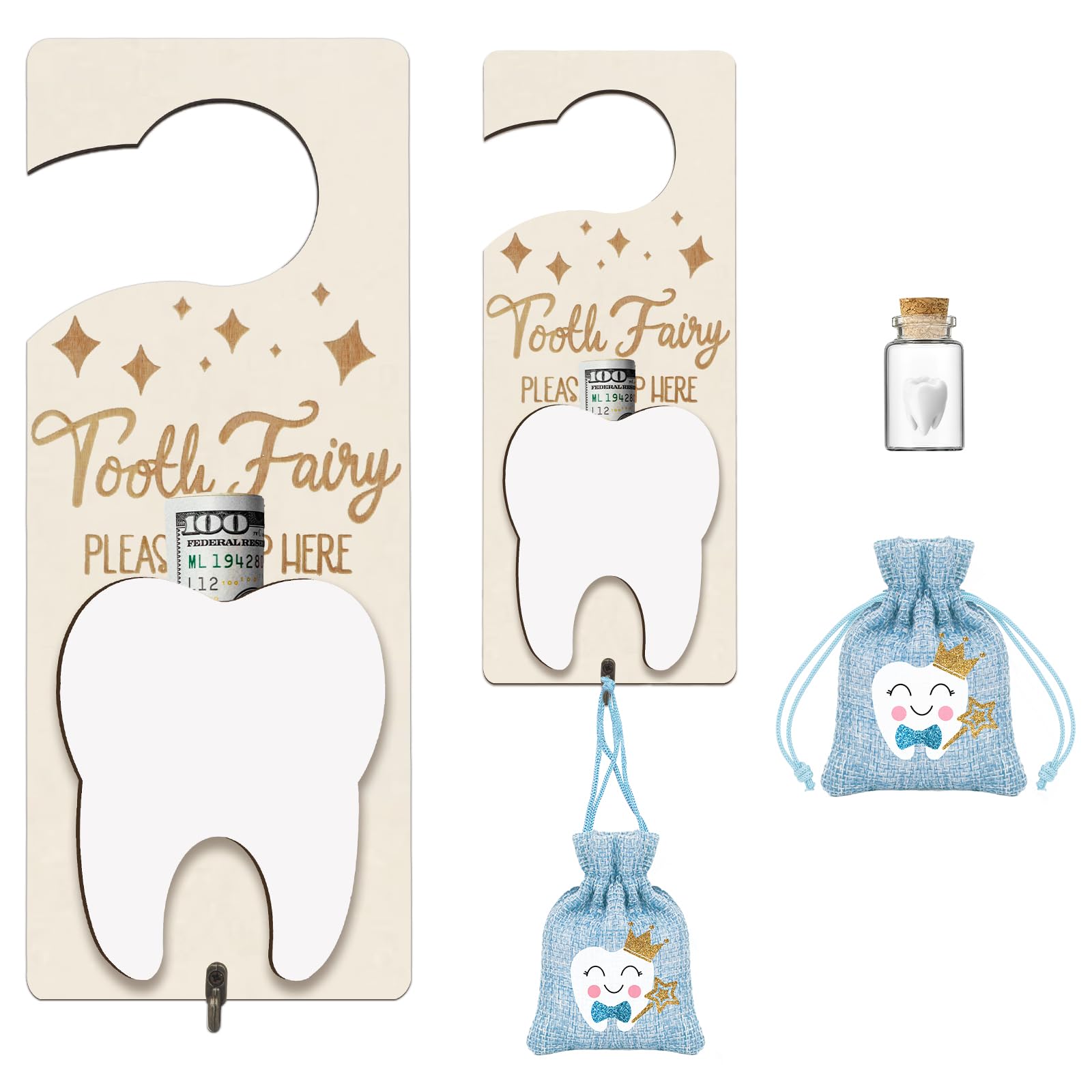 3 soportes para dientes de hada de dientes, colgador de puerta con ranura para dinero, botella de recuerdo y bolsa de arpillera para dientes perdidos, regalo de aliento para niños y niñas, azul