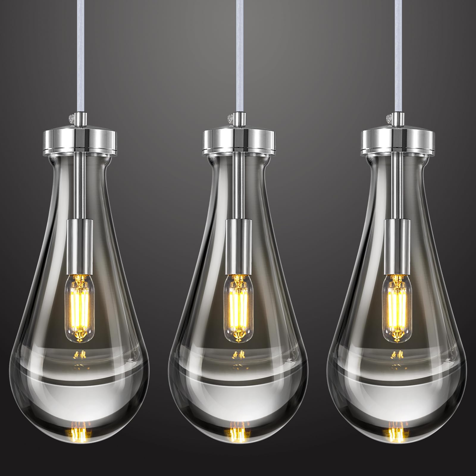 Raindrop Pendant Lights Kitchen Island Set of 3 Teardrop Chrome Hanging Light Fixtures Clear Solid Glass Pendant Light Modern Chandeliers for Dining Room Porch Corridor Living Room