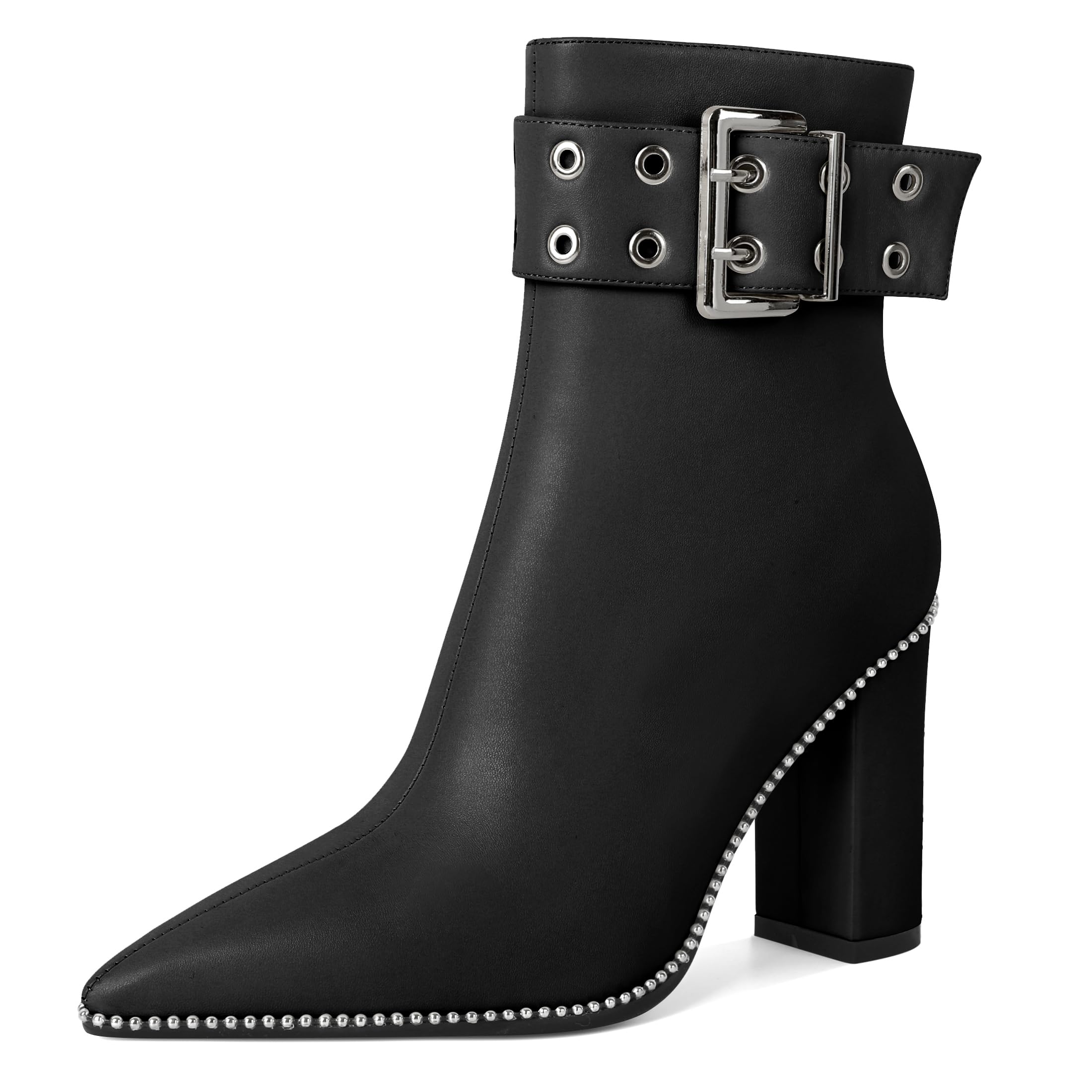 YODEKS Womens Ankle Boots 3.7 Inch Heel Chunky Boots Beaded Eyelets Buckle Strap Side Zipper Boots