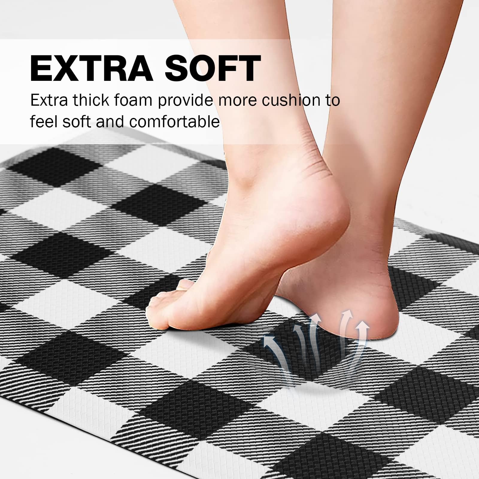 MAYHMYO Tapete de cocina antifatiga, acolchado, a cuadros en blanco y negro, tapete de cocina antideslizante e impermeable, ergonómico, cómodo, tapete de escritorio para suelo, hogar, oficina,
