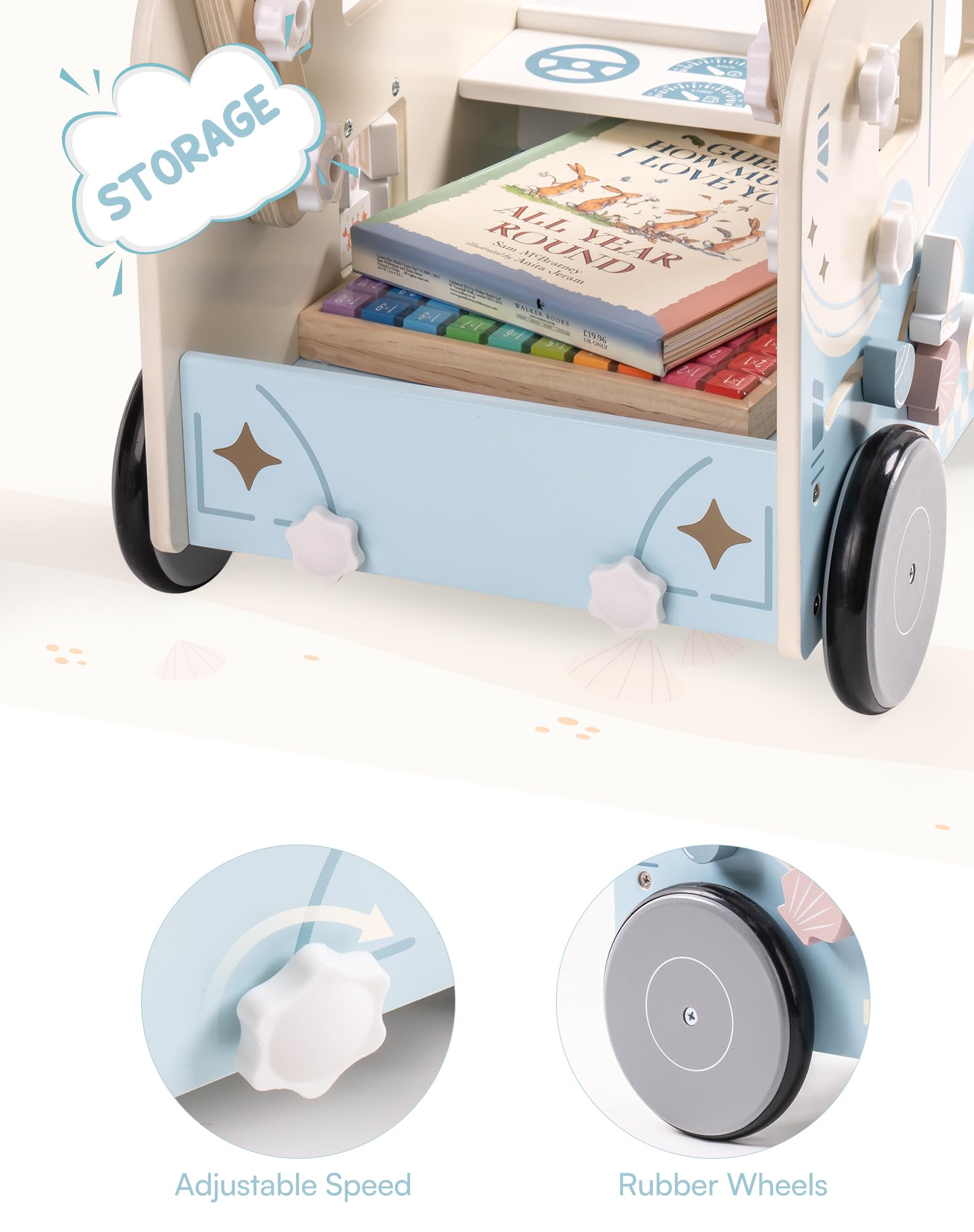 ROBOTIME Trotteur en bois pour garçons et filles, trotteur d'activité pour bébé avec look océan plage, cadeau pour nourrissons et tout-petits, pour 10 à 36 mois