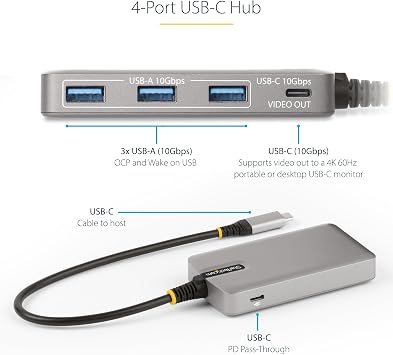 4-Port USB-C Hub with USB-C DP Alt Mode Video Output 4K 60Hz - 3x USB-A, 1x USB Type-C, 100W Power Delivery Pass-Through, USB 3.2 10Gbps, 1ft/30cm Cable, Portable USB Hub (HB31C3A1CDPPD3)