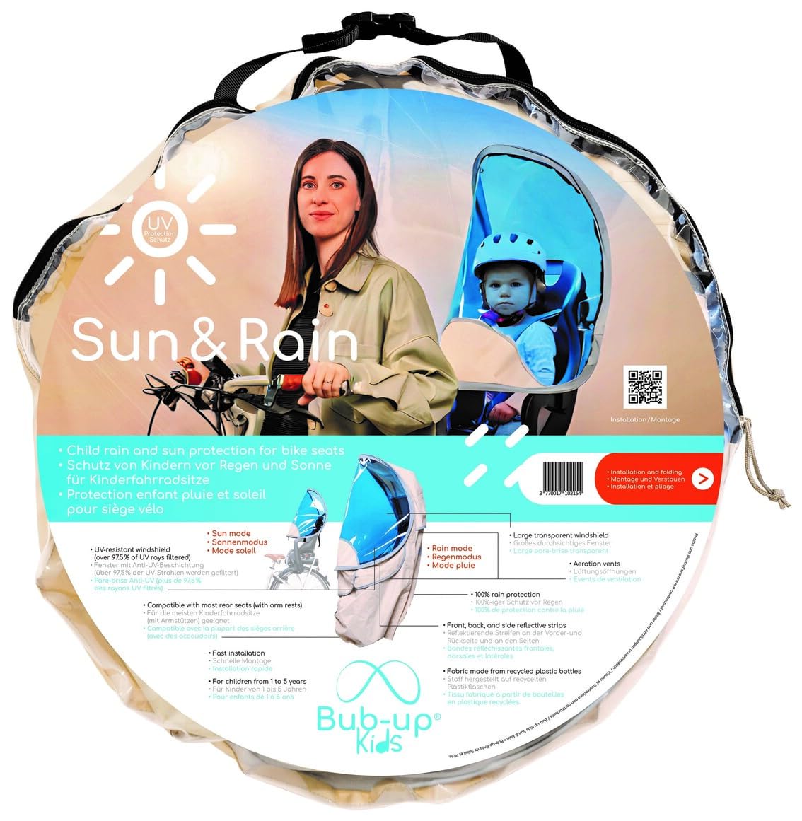 Bub-up Kids Sun & Rain - Protezione dei Bambini dalla Pioggia e dal Sole per seggiolini da Bici e marsupi. Protezione Antipioggia per Bicicletta per Bambini e Parasole Anti-UV per Neonati.
