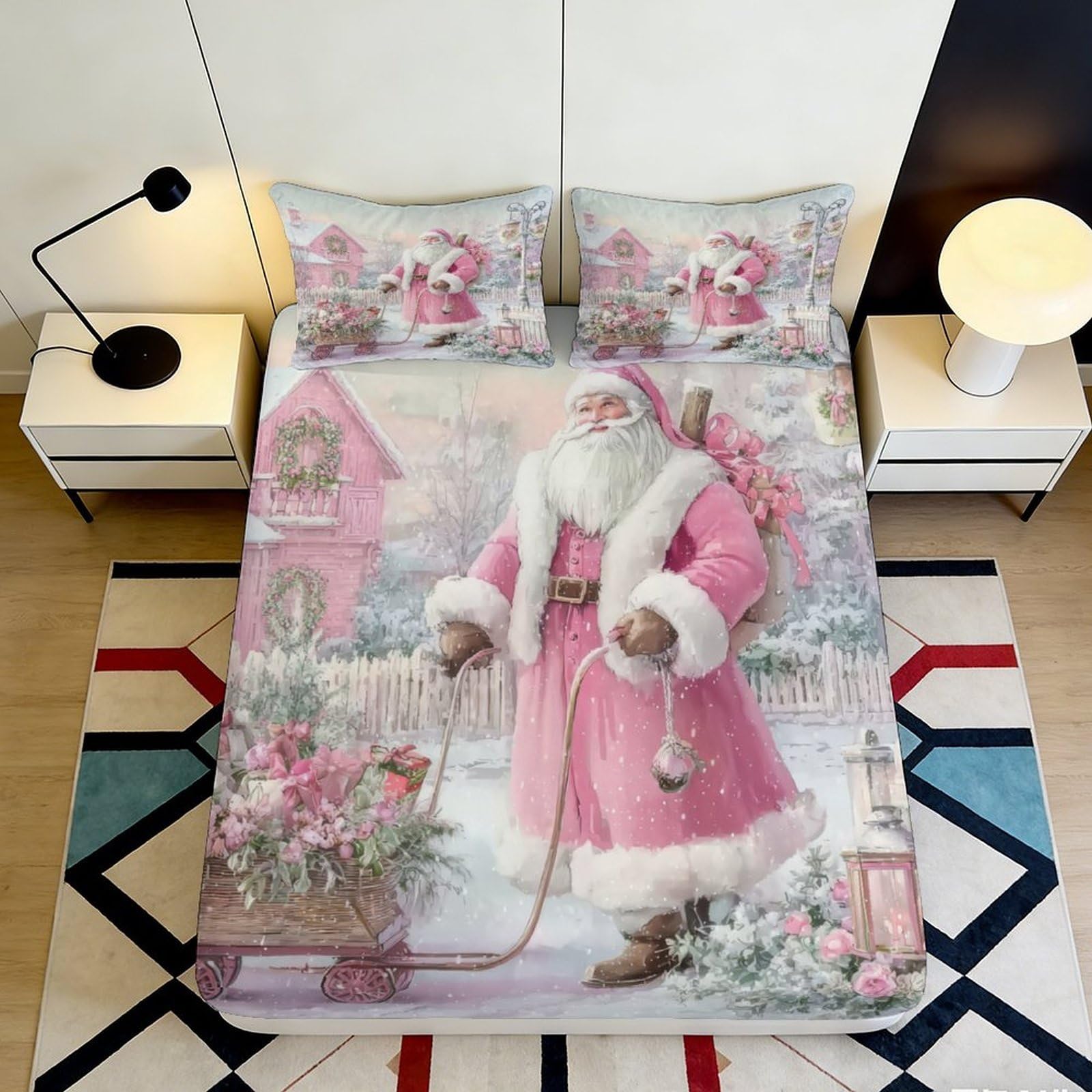 3D Printed Pink Santa Fitted Sheet Microfiber Soft Christmas Scene Bed Sheet for Bedroom Guest Room Decor 90x200x25cm