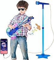 Vista 8 de Juego de guitarra y micrófono para niñas, máquina de karaoke con música y luz, juguetes de micrófono con soporte, juguetes de guitarra de altura