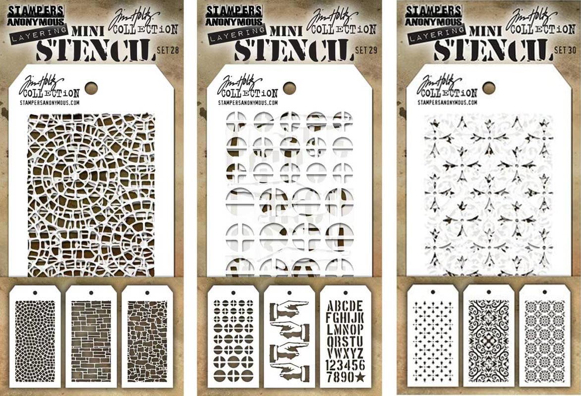Tim Holtz - Nine Mini Stencils - Mosaic, Slate, Stone, Screwed, Direction, Crate, Crossed, Flames, and Rosettes - aka Sets 28, 29 & 30