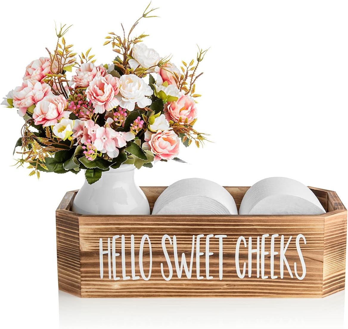 Hello Sweet Cheeks Bathroom Box - Cute Bathroom Decor Box, Back of Toilet Decor, Farmhouse Toilet Box Decor Shaped to Fit Toilet Tank, Toilet Paper Holder Box (Torched Cedar)