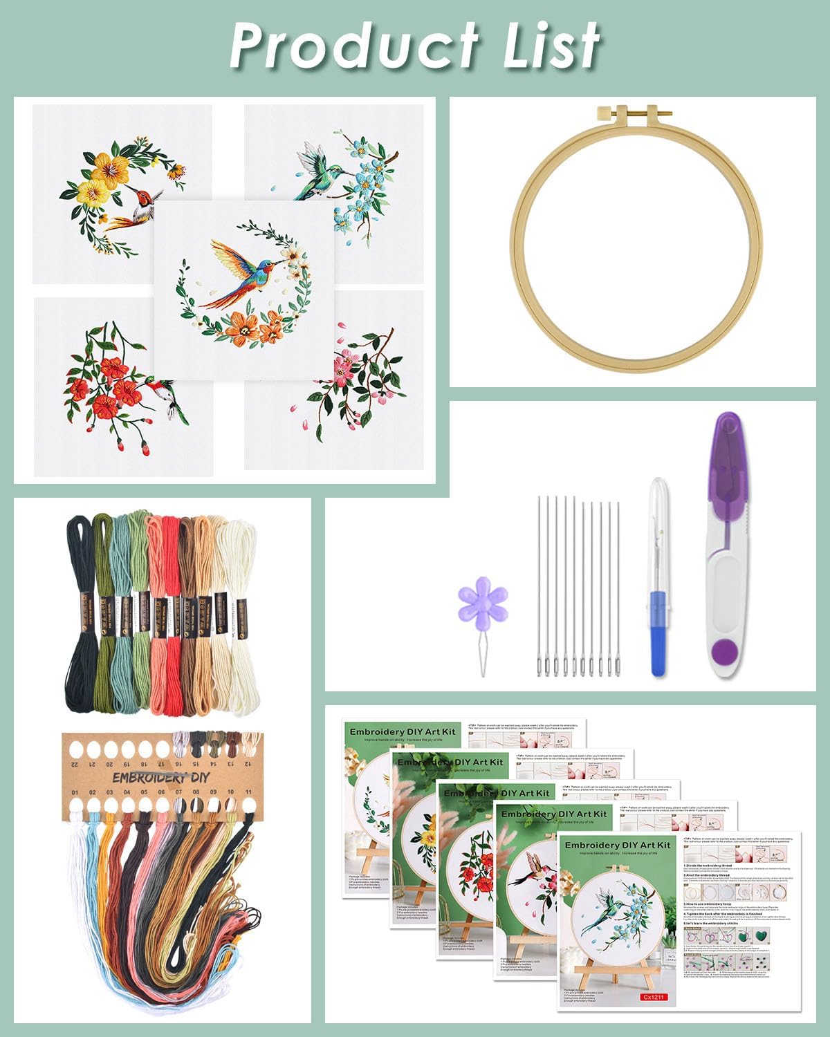 ERKOON 5 Sets Embroidery Kit for Beginners, Hummingbird and Flower Cross Stitch Set for Include Embroidery Cloth Hoops Threads for Craft Lover Hand Stitch with Embroidery Skill Techniques