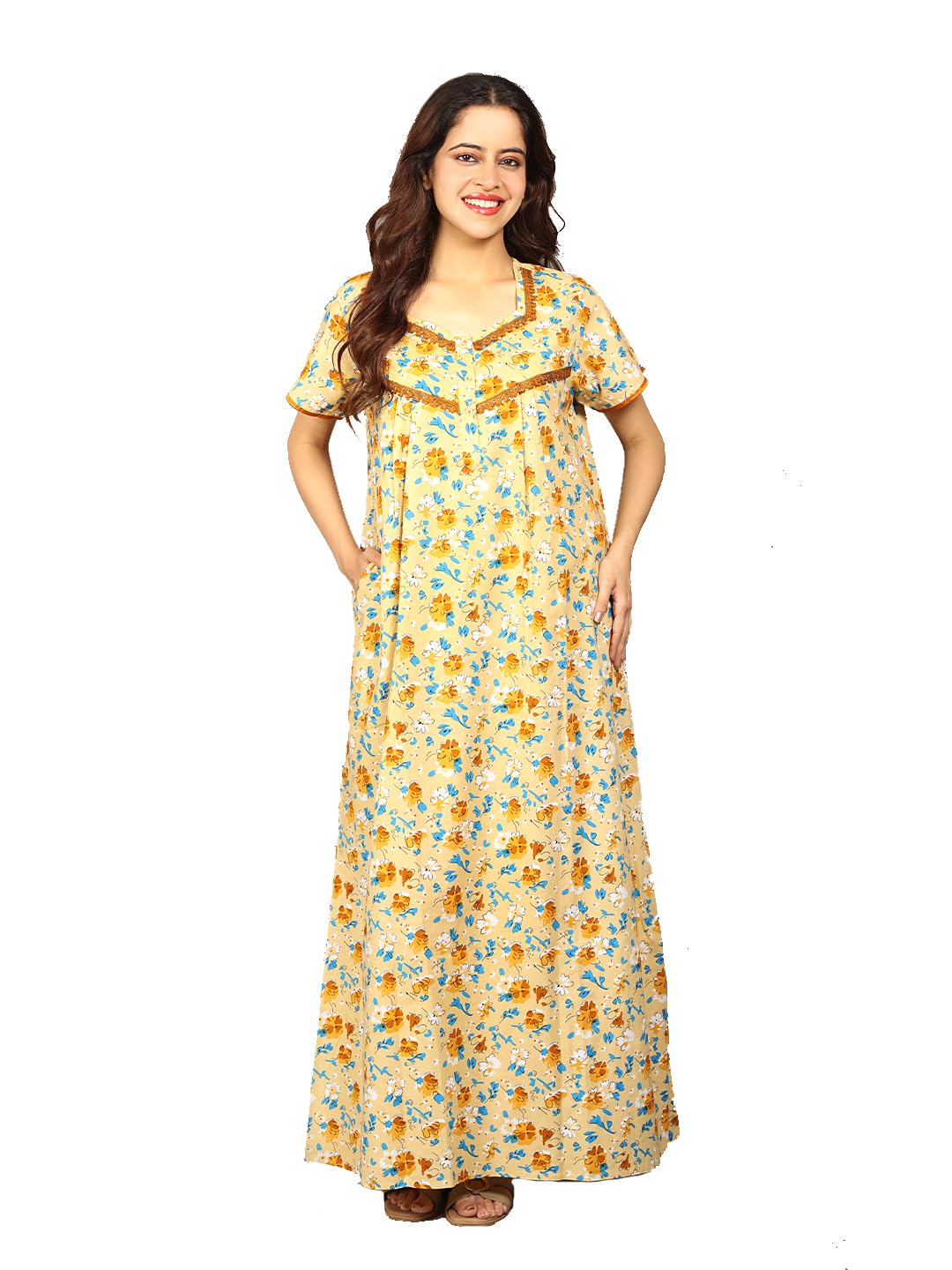 evolove Cotton Maxi Nighty for Women with Side Pocket | Floral Print V-Neck Short Sleeves Full Length Night Wear Gown-picture-36