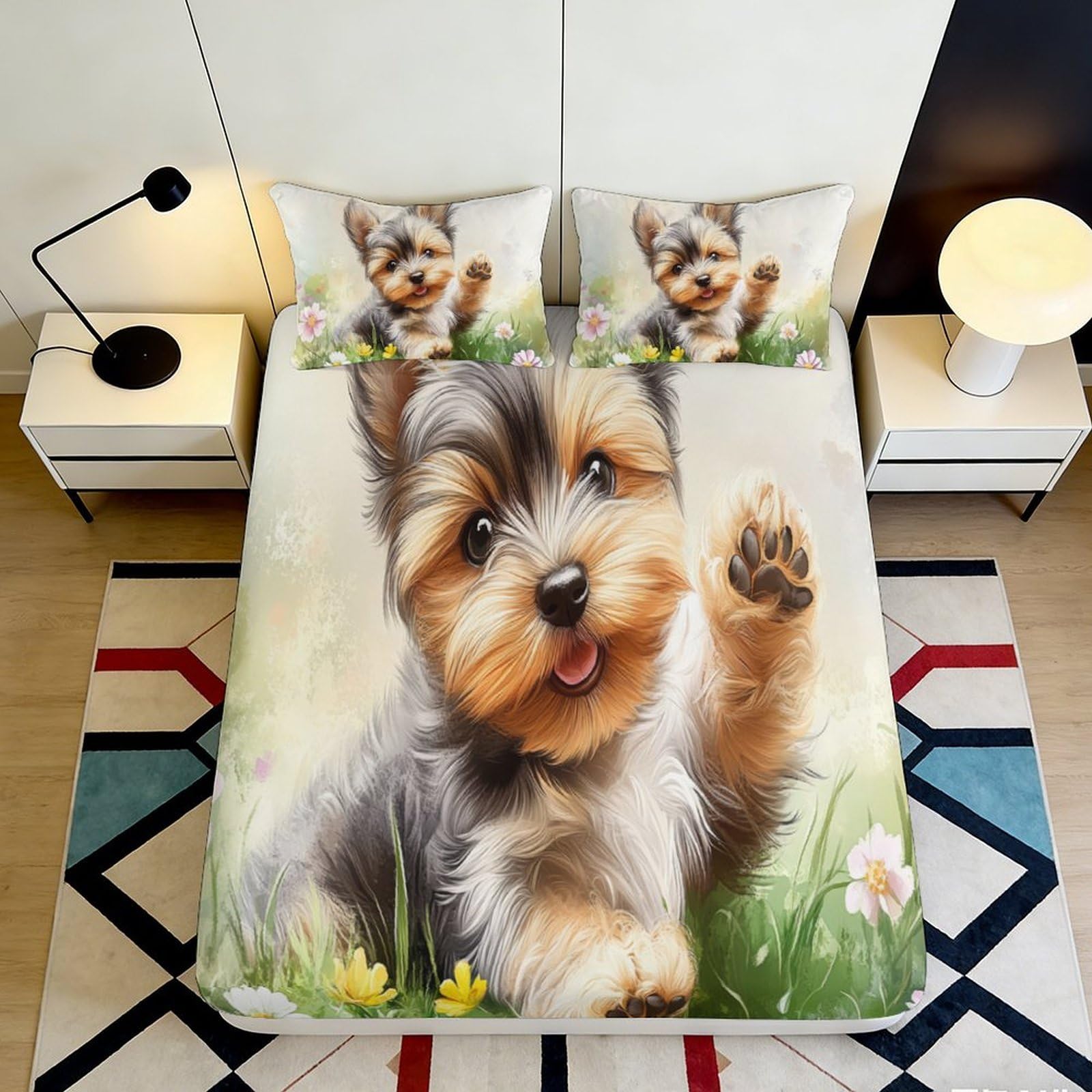3D Printed Yorkshire Puppy Fitted Sheet Microfiber Non-slip Cartoon Dog Mattress Cover for Bedroom Dorm Decor 120x200cm 160x200x25cm
