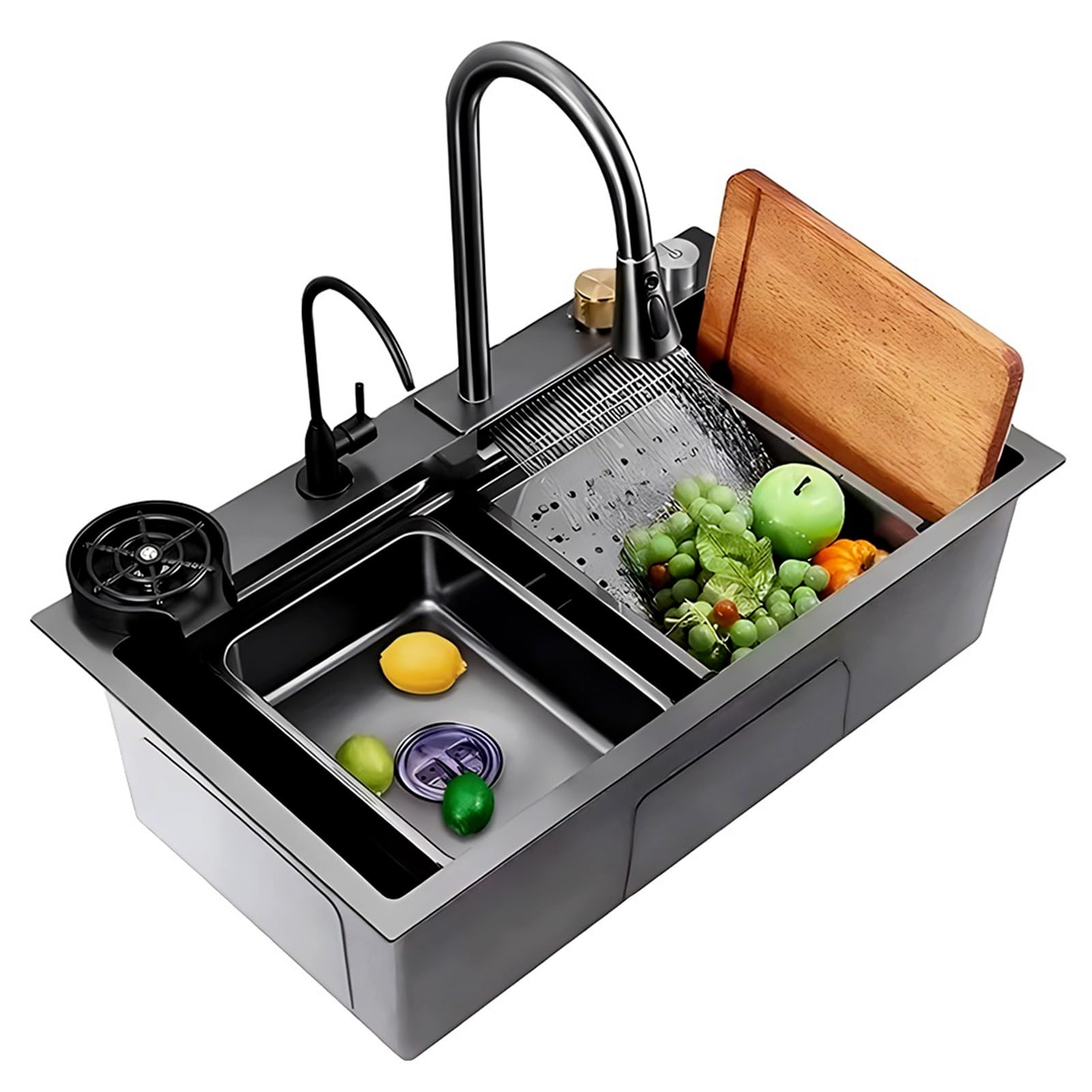 YADZISW Gold Waterfall Kitchen Sink with Pull-Out Faucet Small Basin Cup Washer & Drain Kit Stainless Steel Workstation Nano Coated Farmhouse for Drop-In Black 65x50x21cm