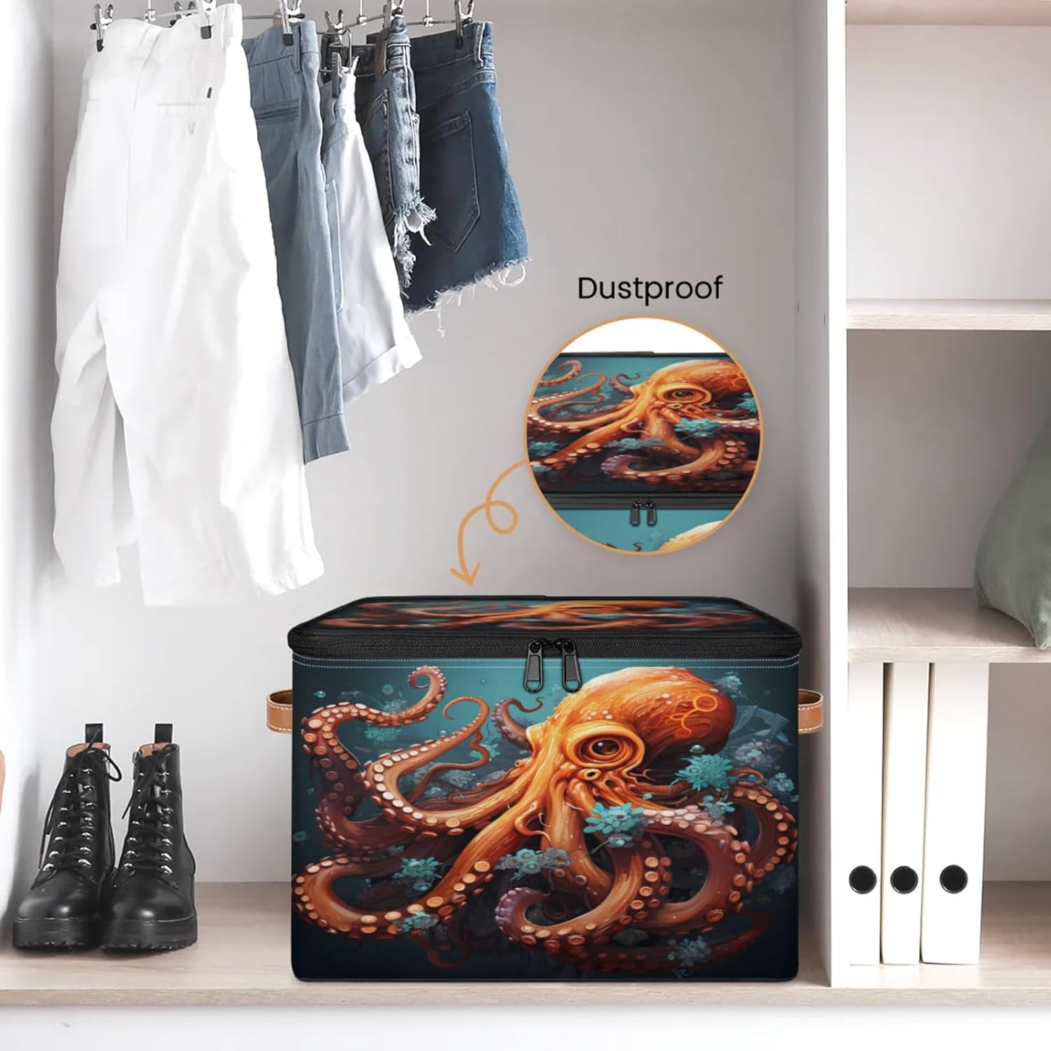 Storage Bin Set of 2 Ocean Octopus Storage Basket with Zipper Lid & Handle Foldable Closet Shelf 2 Pack Cloth Organizer Basket Cube Bins Clothes Organizer for Nursery, Bedroom