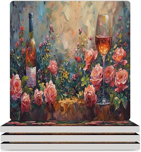 Miniatura 36 de Round-4 posavasos de cerámica para vino tinto, posavasos redondos absorbentes para bebidas, estilo vintage de madera, vino tinto, uvas, frutas y