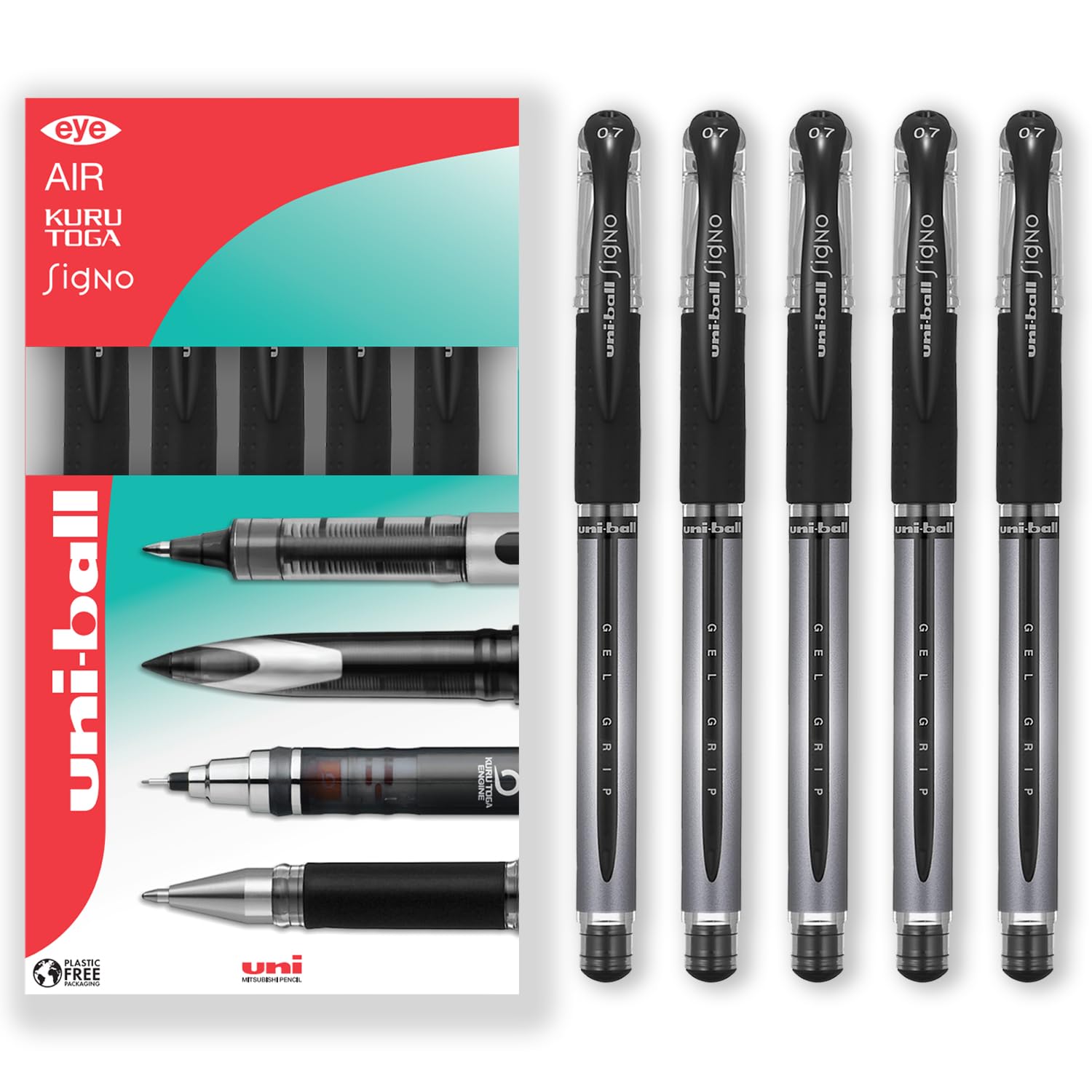 uni-ball UM-151 Signo Gel Grip Rollerball Pen - 0.7mm - In Envelope Gift Packaging (Pack of 5, Black)