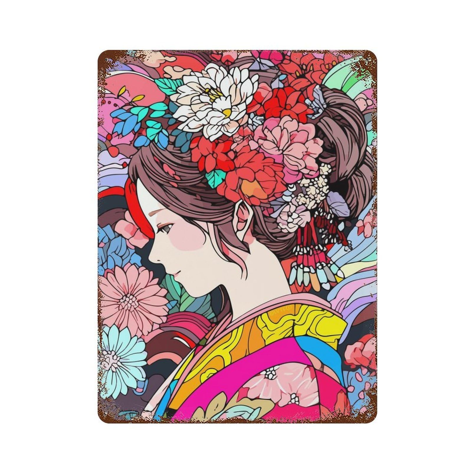 Calm Girl Kimono Flowers Decorative Tin Sign 15.7"x11.8", Retro Wall Decor for Living Room, Hallway And Home Decor