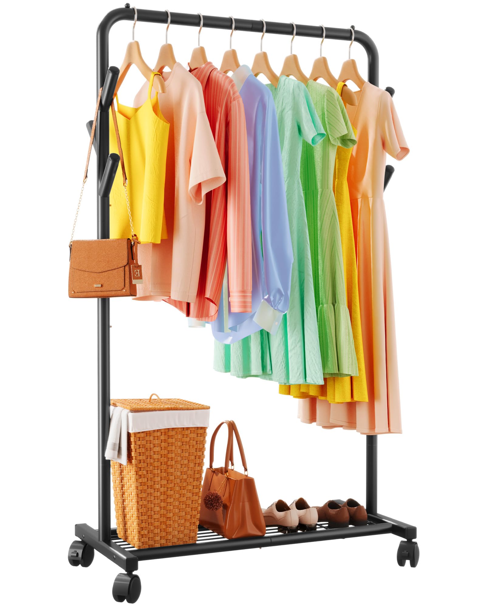 Clothes Rack - Metal Coat Rack with Bottom Shelf Portable Wardrobe Rack with 6 Side Rods Rolling Clothing