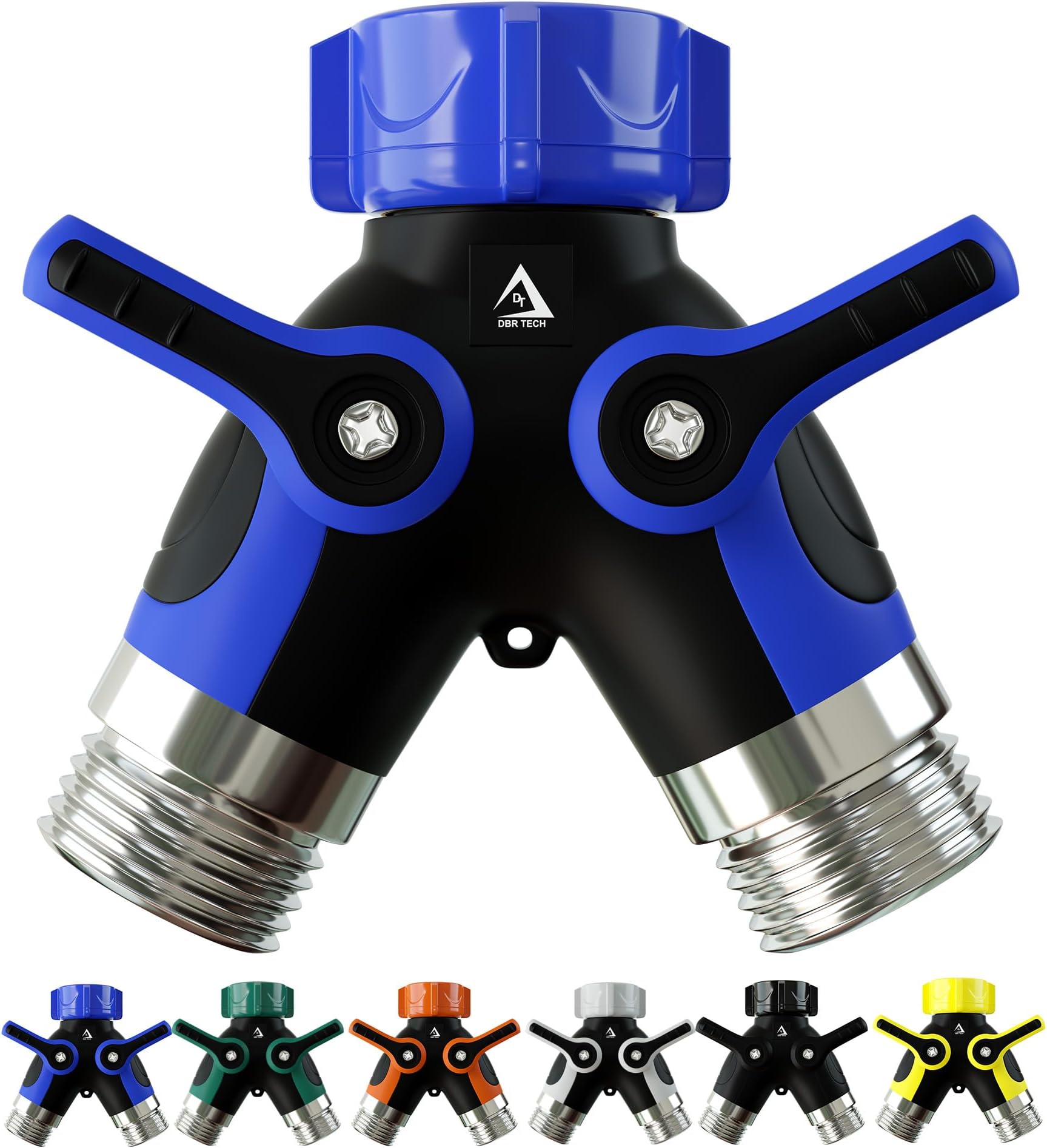 DBR Tech® Hose Splitter 2 Way, Heavy Duty Metal Connector, Two Way Garden Hose Splitter, High Flow Spigot Faucet Bib Adapter, Solid Double Y Shut Off Valve for Outdoor Gardening Hoses, Blue