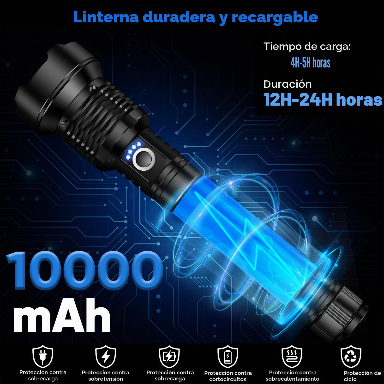 SIDARK Linterna LED Recargable Portatil de 50.000 lúmenes, Linterna Superbrillante con Zoom y 5 Modos y Protección IPX7 contra el Agua para Emergencias de Camping