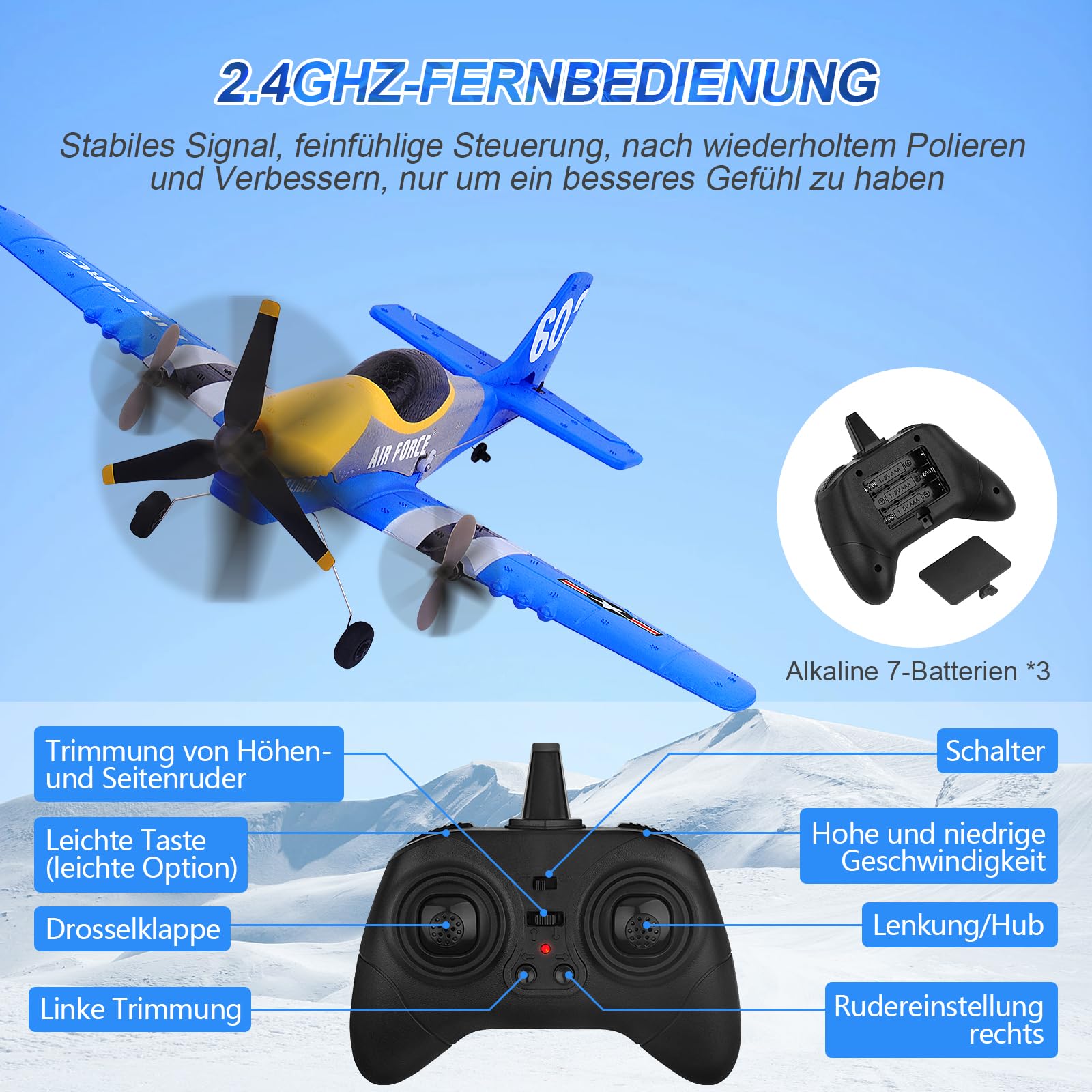 Henakmsl Aereo Telecomandato 3CH, P51D Mustang Fighter RC 2.4 Ghz Con 2 Batterie, Radiocomandato RTF per Bambini/Adulti/Principianti