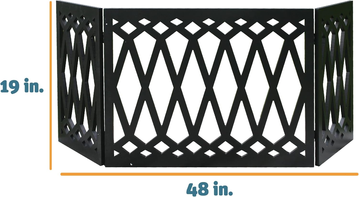 Etna 3-Panel Diamond Design Wood Pet Gate - Decorative Black Tri Fold Dog Fence for Doorways, Stairs - Indoor/Outdoor Pet Barrier - 24-48 Inches Wide x 19 Inches Tall