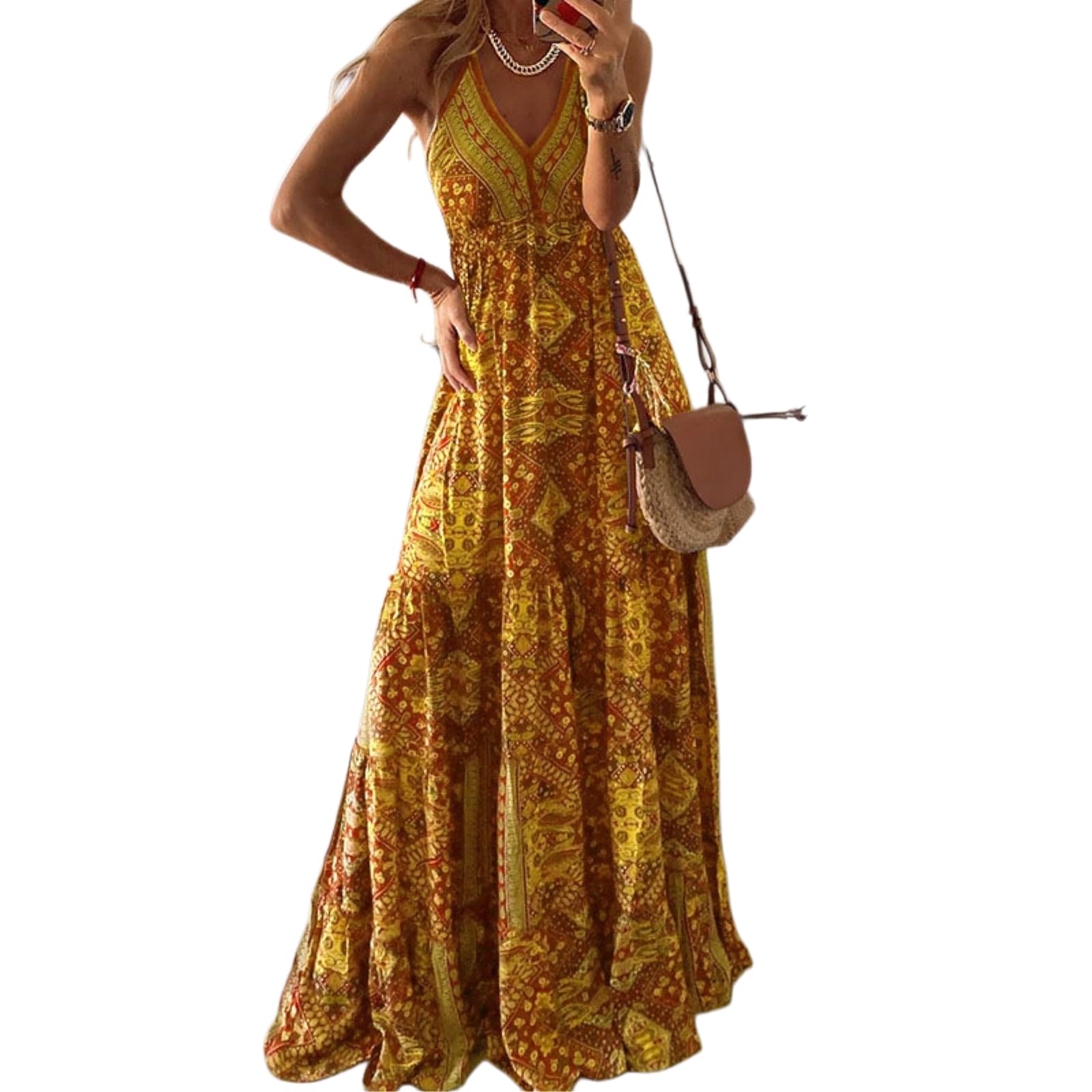 Abito Donna Boho Floral Halter Maxi V Collo A Livelli Lungo Abito, Alta Vita Ruffle Bohemian Abito-Yellow-s