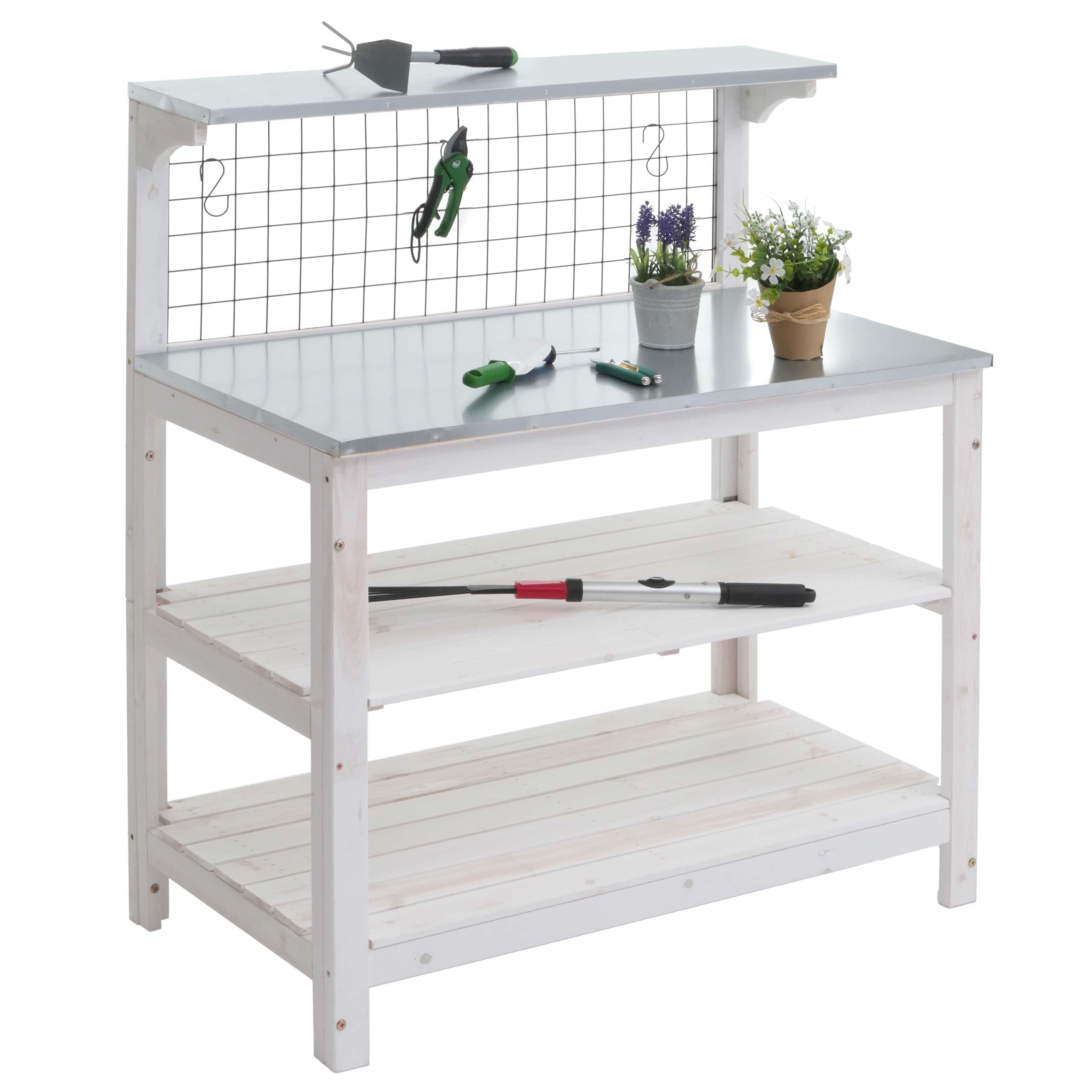 Mendler Tavolo giardinaggio piante HWC-N55, scaffale per fiori, piano zincato legno certificato MVG, 117x102x56cm - bianco