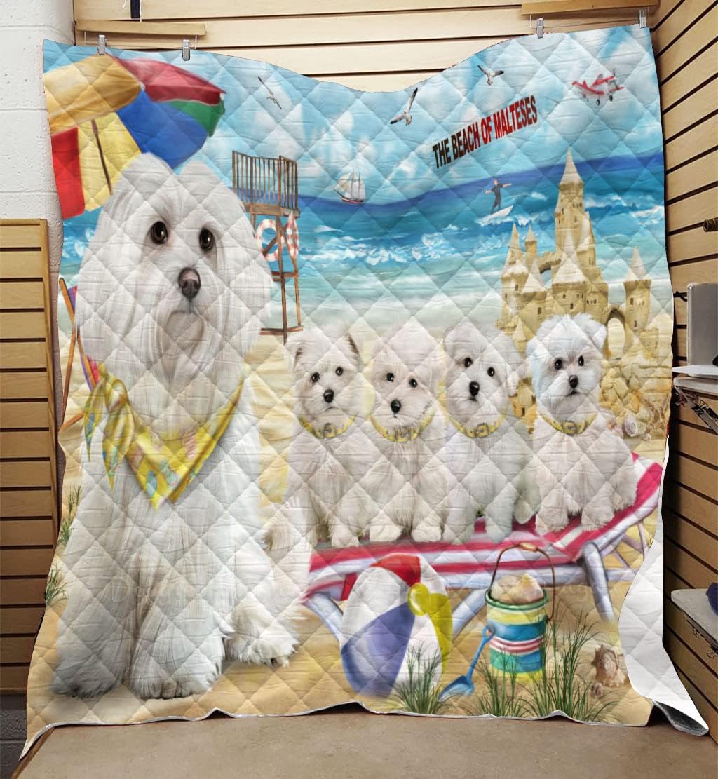 Pet Friendly Beach Maltese Dog Quilt Bed Coverlet Bedspread - Pets Comforter with Unique One-Side Animal Printing - Soft Lightweight Quilt - Washable 100% Polyester, 60"x70"