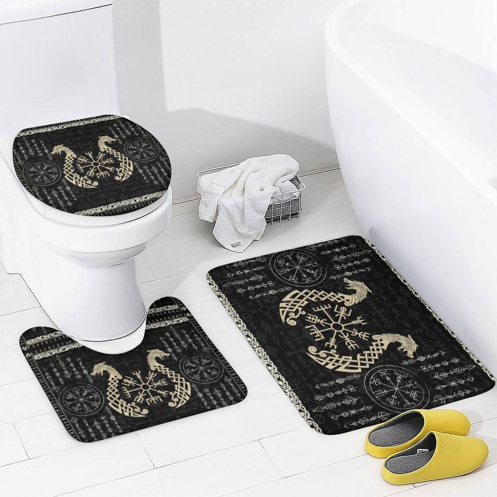 Norse Vikings Juego decorativo de baño de 4 piezas, dragón abstracto retro, símbolo místico, brújula, cortina de ducha con alfombra, 12 ganchos, 183 x 183 cm