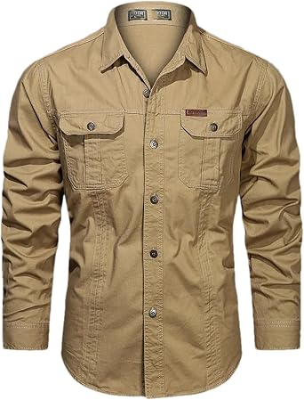 Spring Cotton Cargo Shirt for Men Long Sleeve Multi-Pocket Shirts Casual Colthing Militar Overshirt