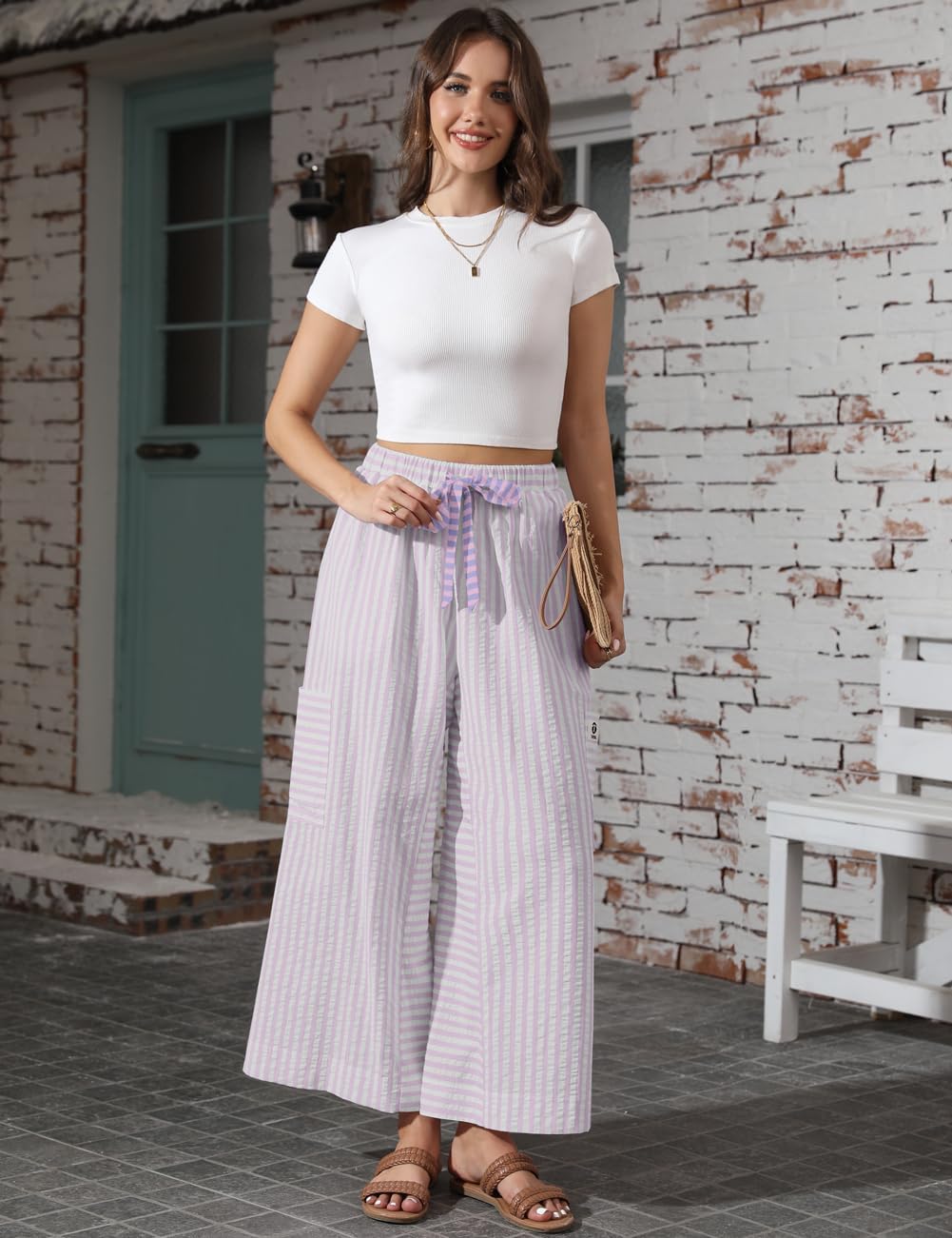 TARSE Women’s Striped Wide Leg Pants Drawstring Casual Boho Palazzo Pants Loose Lounge Beach Vacation Trousers - Image 4