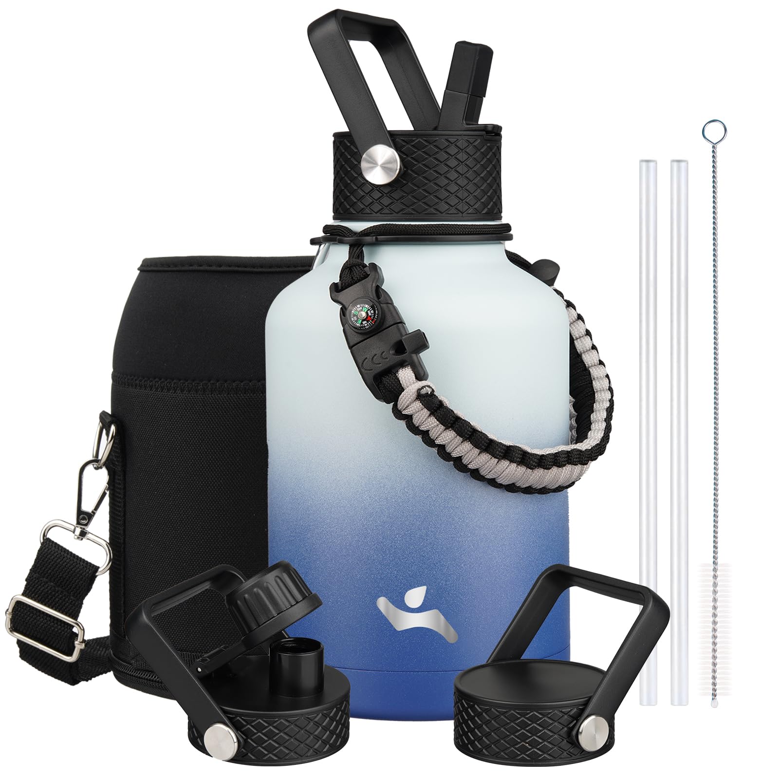 Izolowana butelka na wodę ze słomką, 3 pokrywki, dzbanek na wodę z torbą do przenoszenia, uchwyt paracord, podwójna ścianka próżniowa metalowa kolba ze stali nierdzewnej, niebo