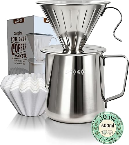 AGOGO Cafetera portátil de goteo V60 - Juego fácil de limpieza compacto gotero de acero inoxidable 304 para acampar y 50 filtros de papel y paño de