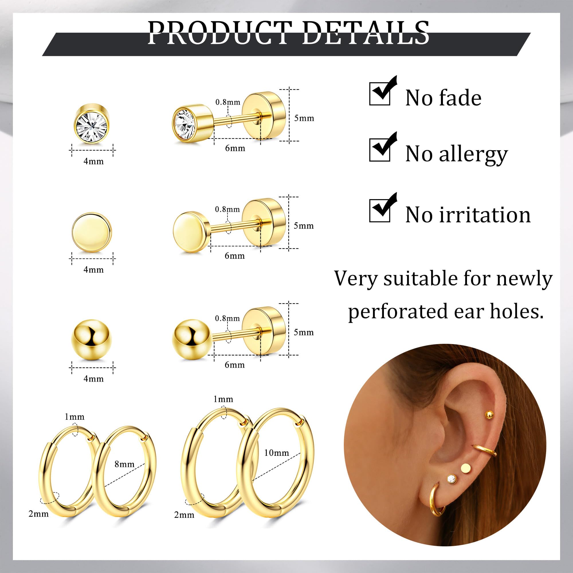 DZBERHX 5 par hipoalergiczne kolczyki tytanowe G23 płaskie plecy Stud Hoop zestaw kolczyków tytanowe Tragus Helix kolczyki na chrząstkę przekłuwanie uszu szpilki Sleeper Huggie Hoop kolczyk dla kobiet