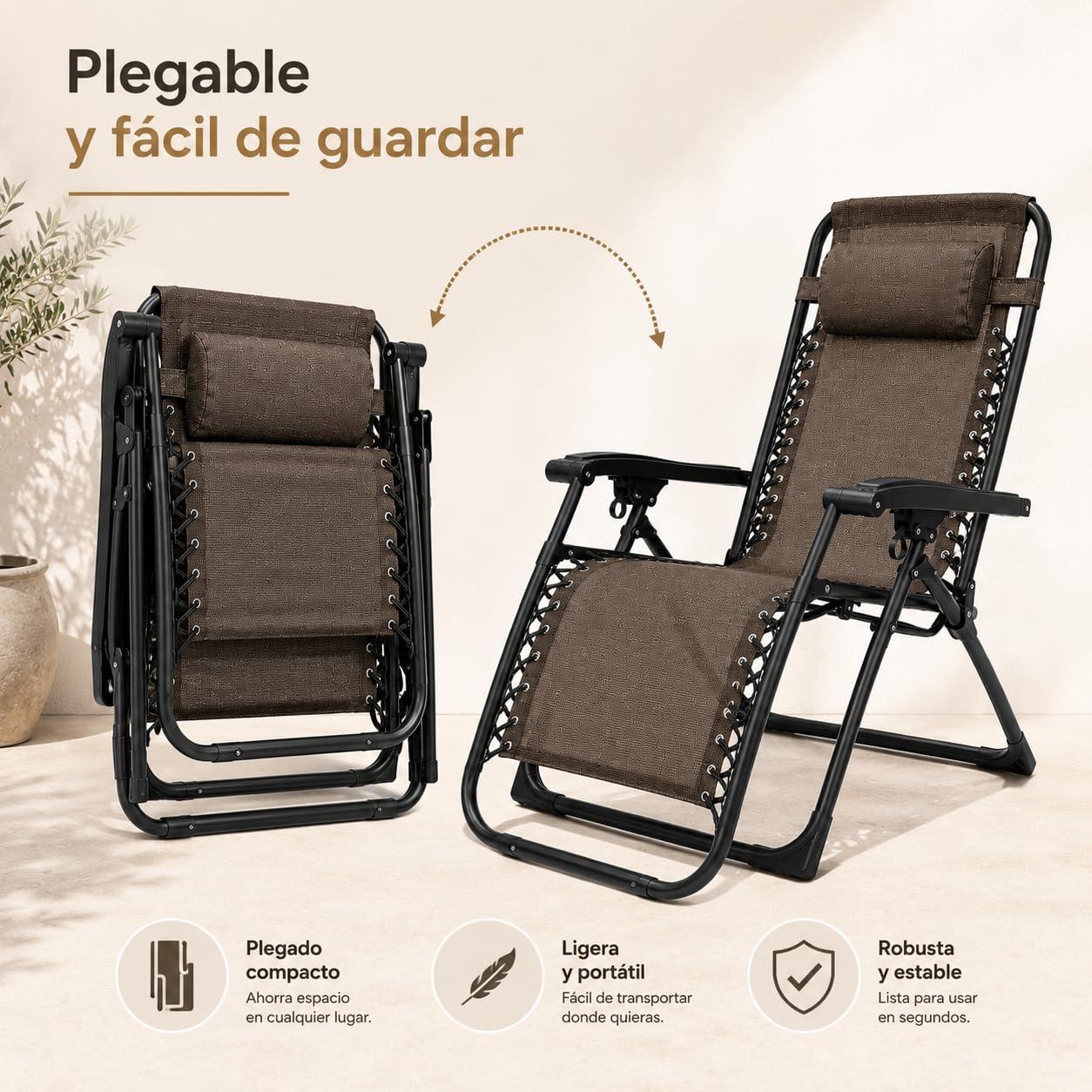 MARBUENO Tumbona Gravedad Cero Plegable Marrón con Reposacabezas, Silla Relax Exterior de Acero y Textileno Transpirable para Jardín, Terraza, Piscina y Camping 10007
