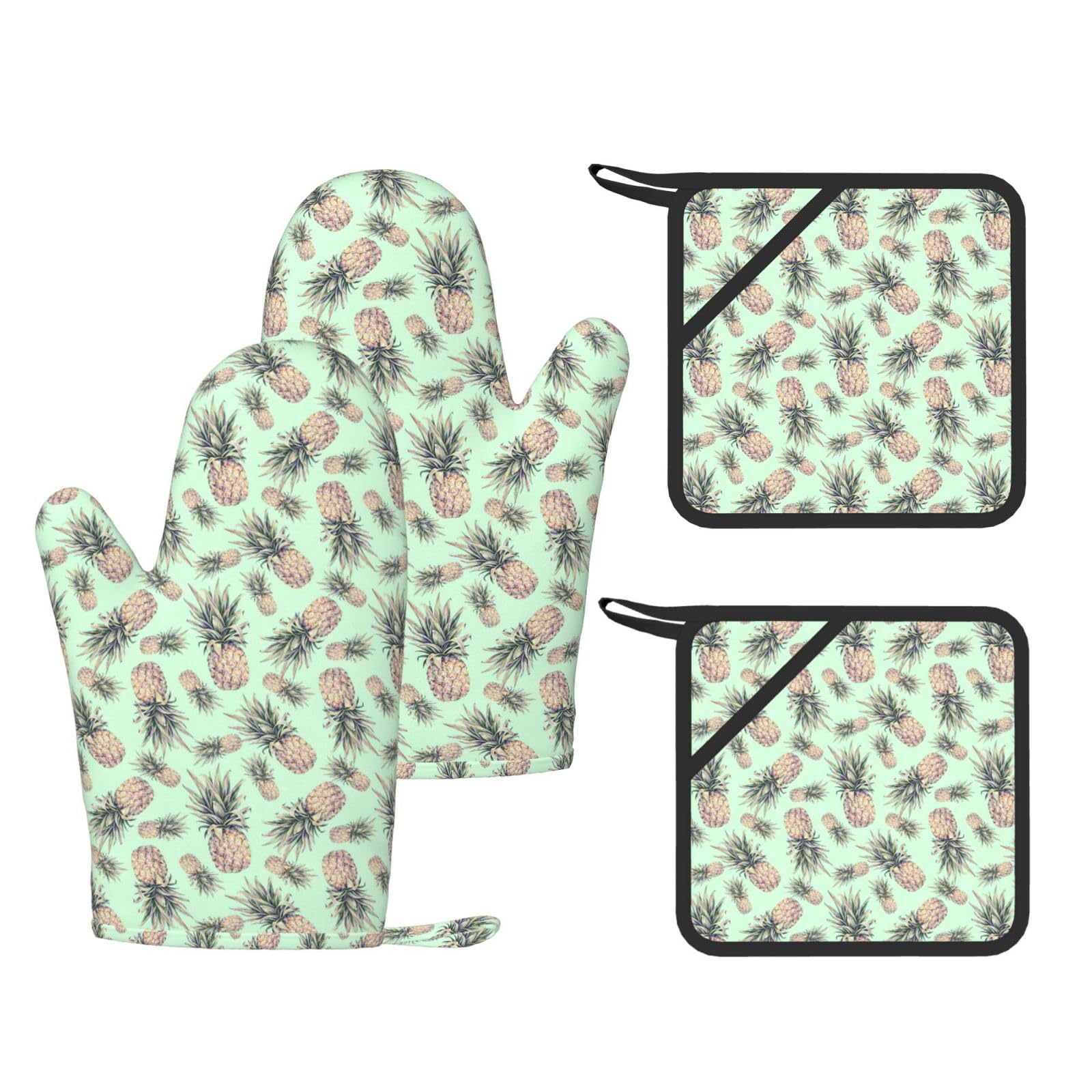 Pineapple Green Printed Oven Mitts and Pot Holders Set of 4, Heat Resistant Silicone Gloves for Baking Grilling
