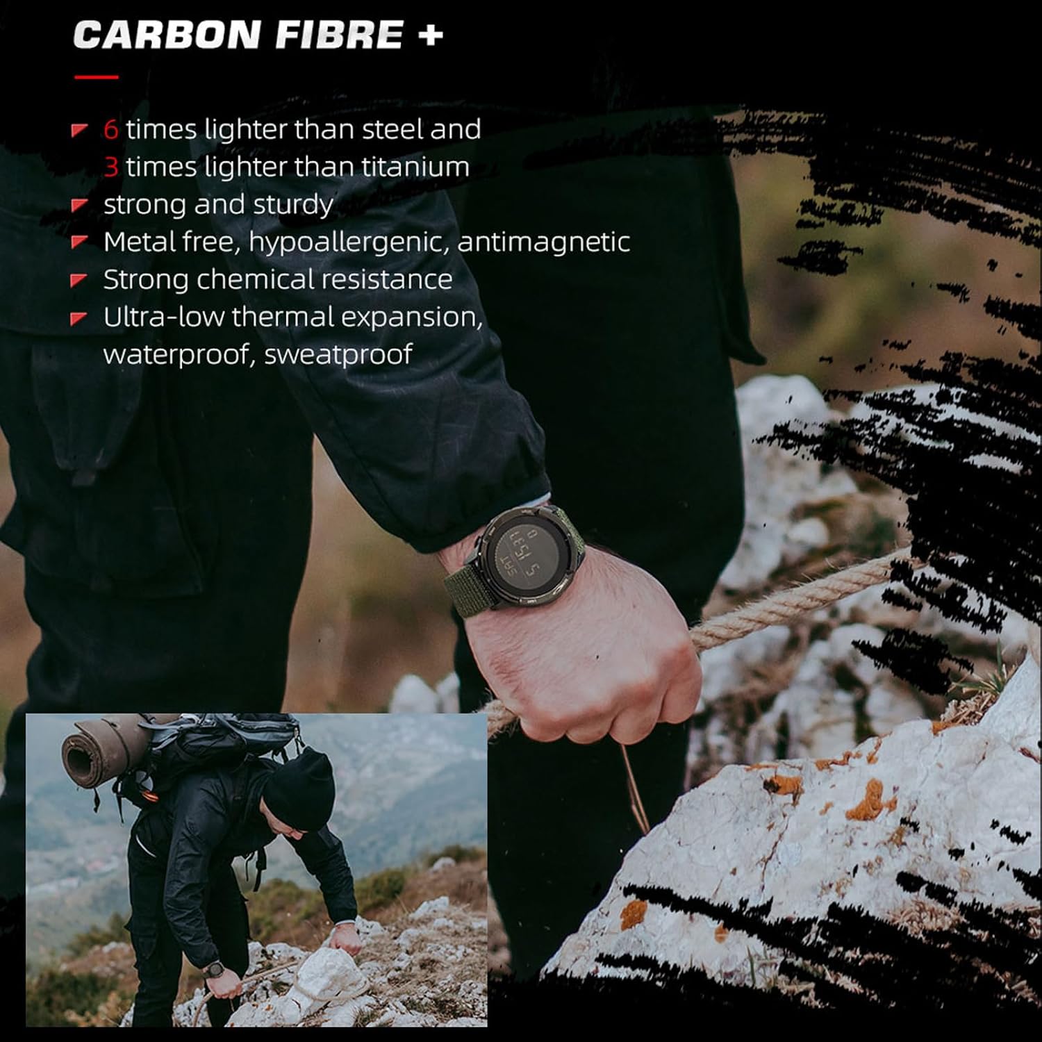 findtime Survival Watche Compass Step Counter 5ATM Waterproof with Carbon Fibre Nylon Strap Lightweight Durable for Hiking Swimming Exercise Military Tactical Outdoor Designer