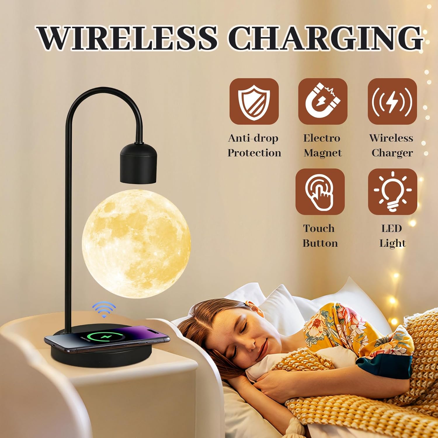 Magnetic Levitating Moon Lamp with 15W Wireless Phone Charger 3-Color LED Floating Night Light Desk Lamp for Bedroom Home Office Decor