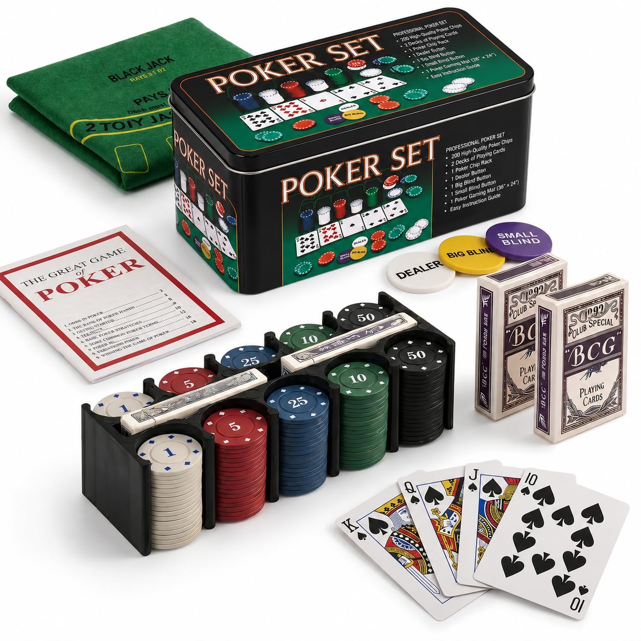 Adult Casino Style Poker Chips Set | 200 Pcs Chips with Tin Case, 2 Decks of Cards, Dealer Button, Big & Small Blind Buttons and 36” x 24” Playing Mat | Classic Multiplayer Poker Game-image-38