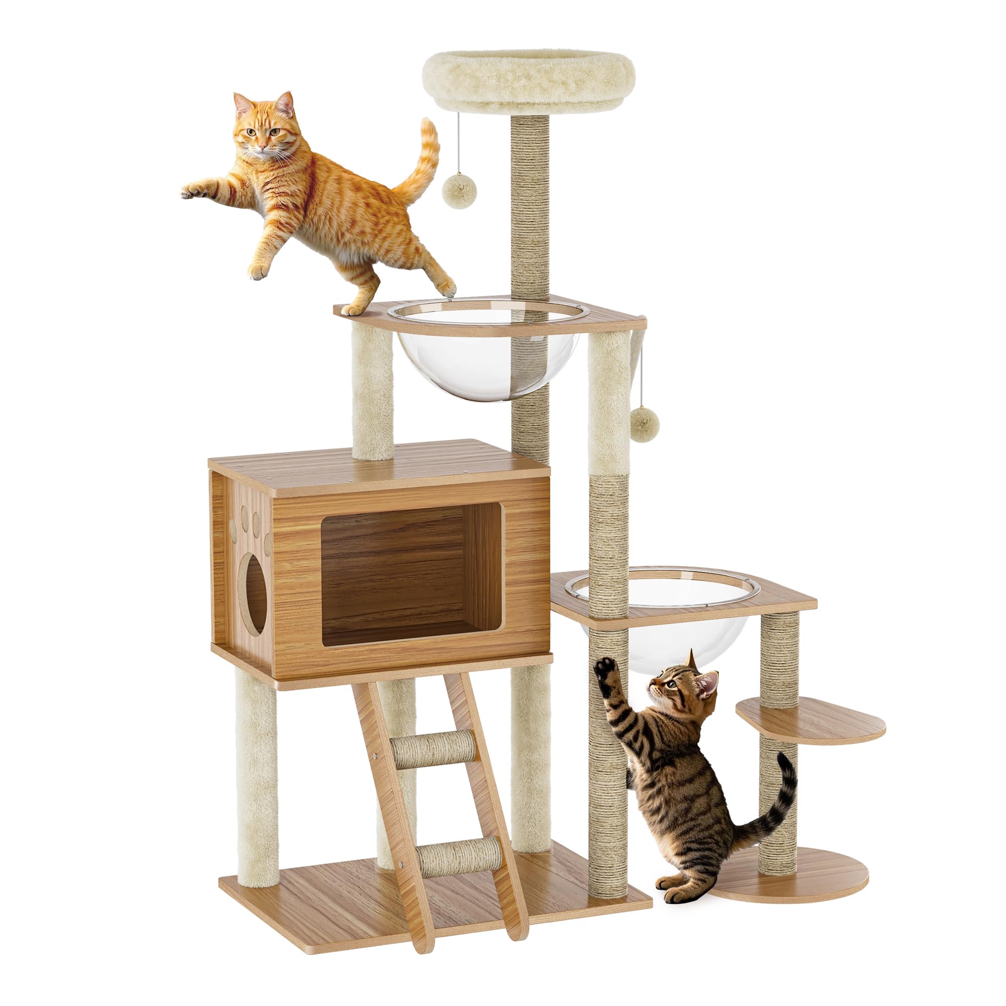 Modern Wooden Cat Tree with Scratching Posts Condos Perching Platform Furballs Staircase Sturdy Easy-to-Clean Multi-Level Pussy Tower for Multiple Kitty to Climb Scratch Sleep Play