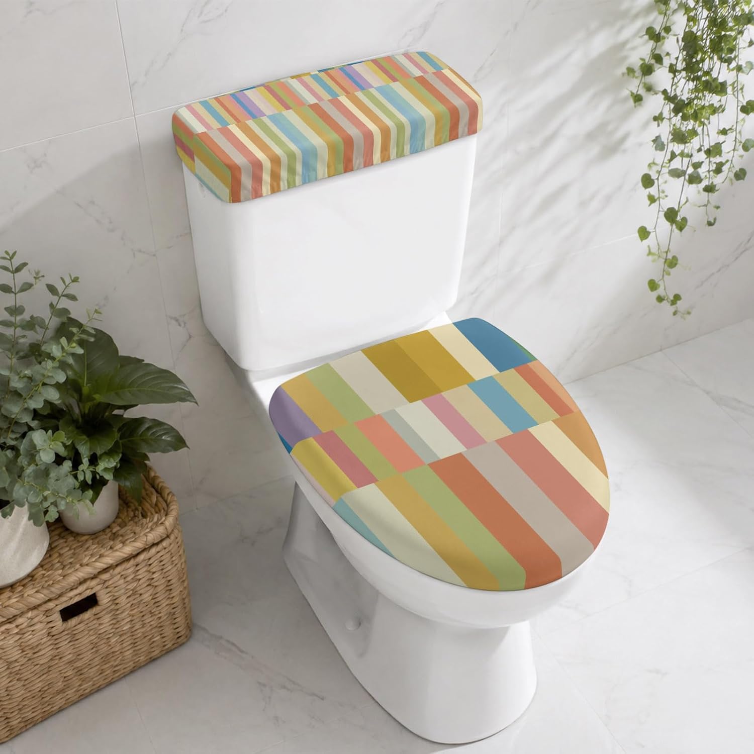 Colorful Striped Elastic Toilet Lid and Tank Covers Set, Modern Staggered Stripes Decorative Bathroom Decor, 2 Pcs Toilet Lid Cover and Toilet Tank Lid Cover with Elastic Bottom image 2