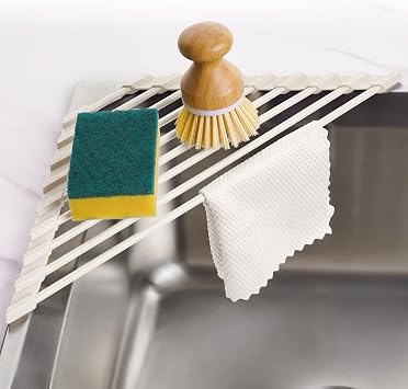 Tomorotec Compact Silicone-Coated Triangle Dish Drying Rack for Sink Corner - Foldable Stainless Steel Over-The-Sink Organizer and Storage ShelfCream Color