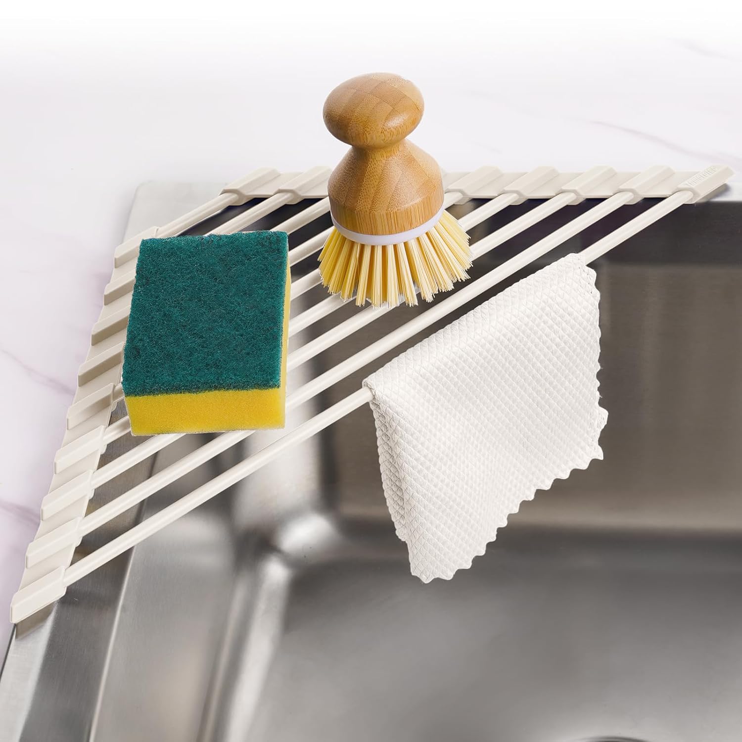 Tomorotec Compact Silicone-Coated Triangle Dish Drying Rack for Sink Corner - Foldable Stainless Steel Over-The-Sink Organizer and Storage