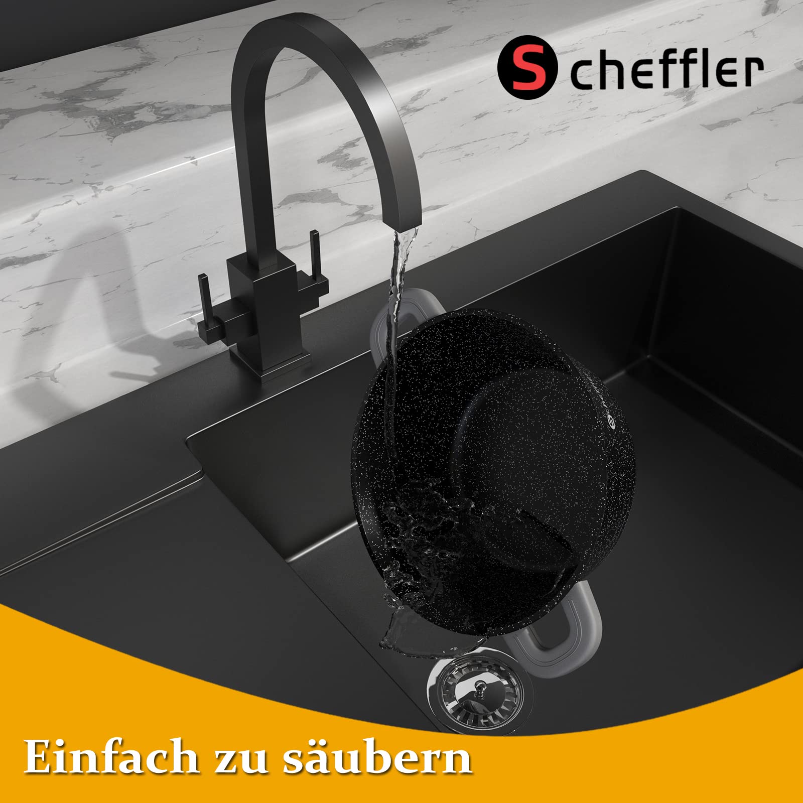 Topf Scheffler Schmortopf Induktion 20cm/2,2L Kochtopf mit Glasdeckel | Aluminiumguss, Antihaftbeschichtung , Aluguss, 2 Silikon Griffschutz, für alle Herdarten Schwarz