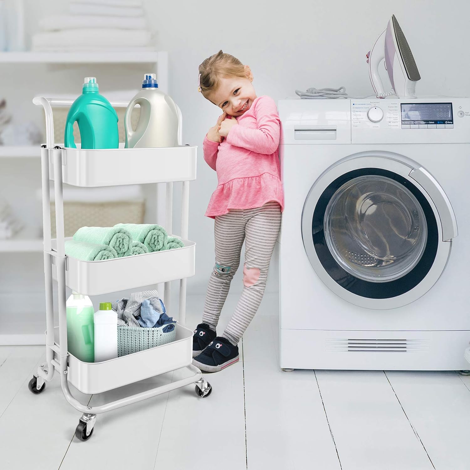 Homchwell 3 Tier Metal Utility Rolling Cart with Lockable Wheels, Multifunction Movable Storage Shelves Organizer Cart with Handle and Mesh Basket for Kitchen, Coffee Bar,Bathroom, Office