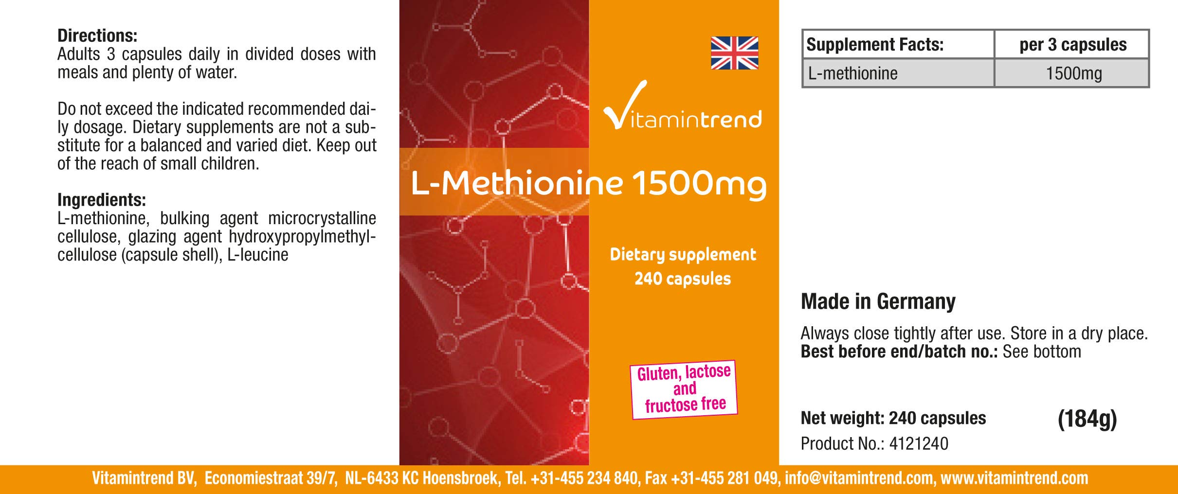 Vitamintrend L-Metionina 1500 mg per dose giornaliera, 240 capsule, ad alto dosaggio, integratore alimentare vegano senza magnesio stearato, prodotto in Germania