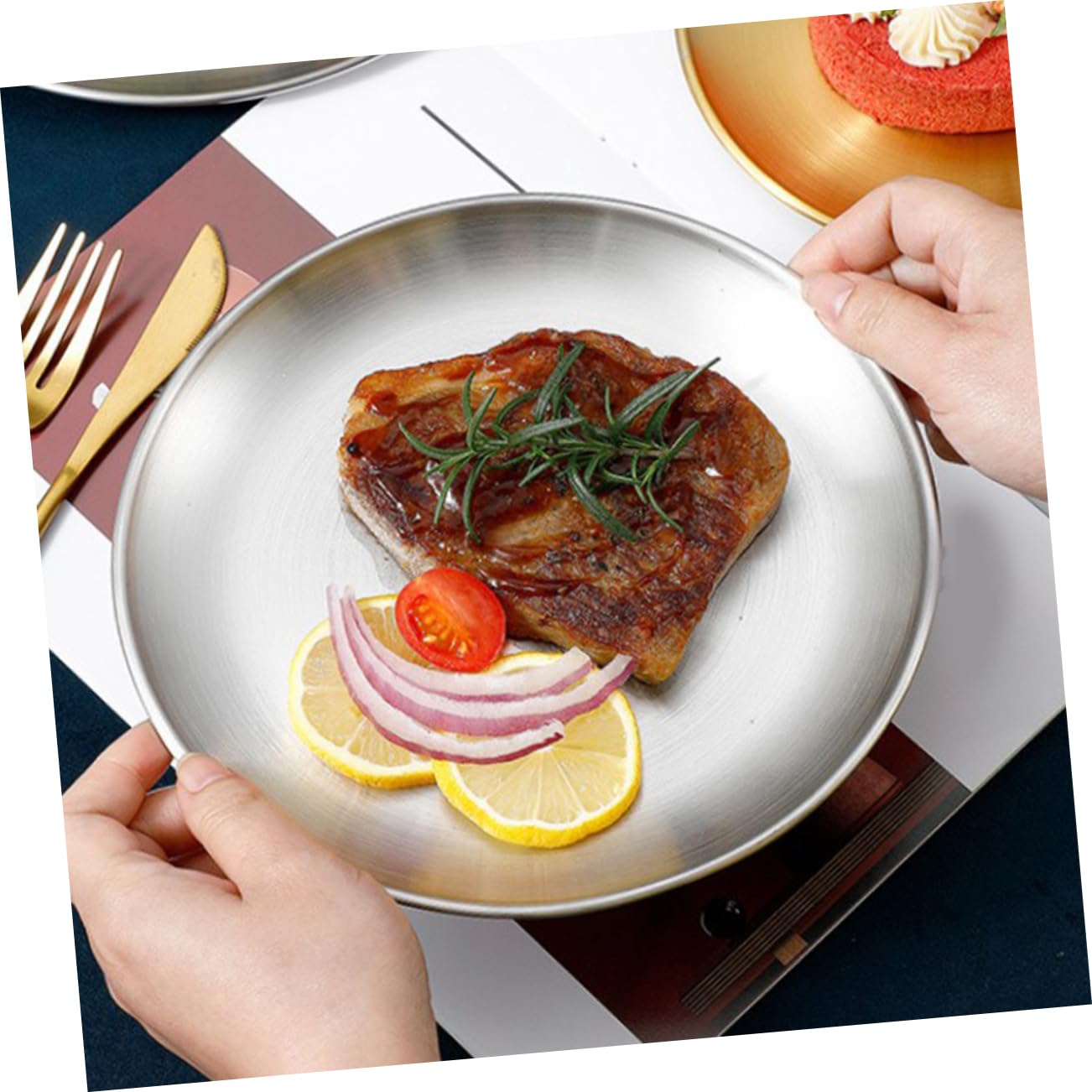 LABRIMP Stainless Steel Plates Set for Boys and Girls 10-inch Round Dinner Plates Versatile Sturdy for Camping Bbq Daily Use