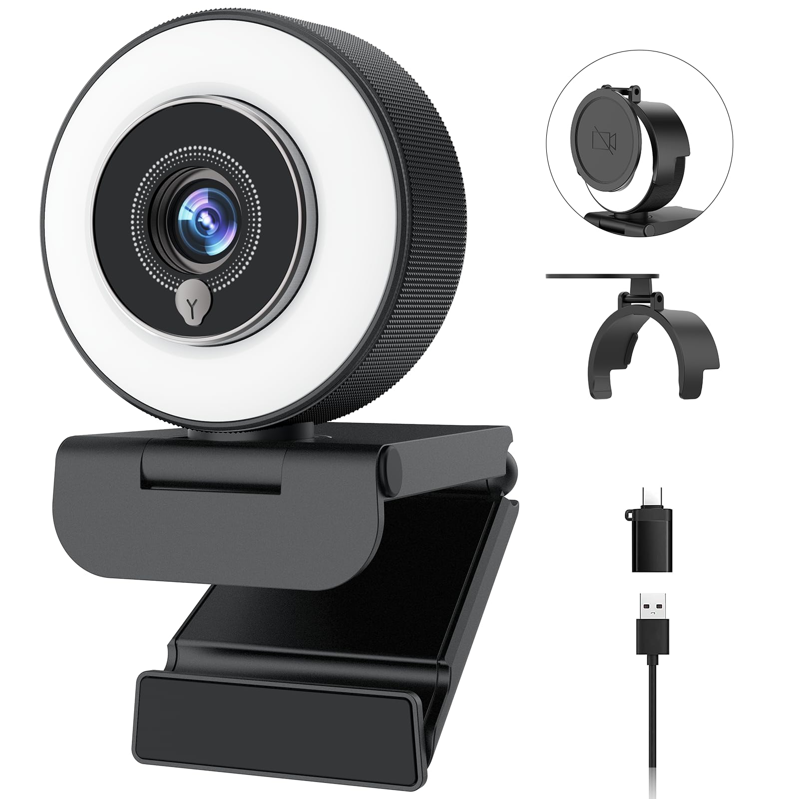 Angetube Webcam 4K con luce,Webcam streaming con microfono per PC e Mac | 4K@30FPS, Autofocus PDAF, 1080P@60FPS, USB-A/C, Copertura privacy, Camera per PC e Laptop, Zoom, Teams, Twitch