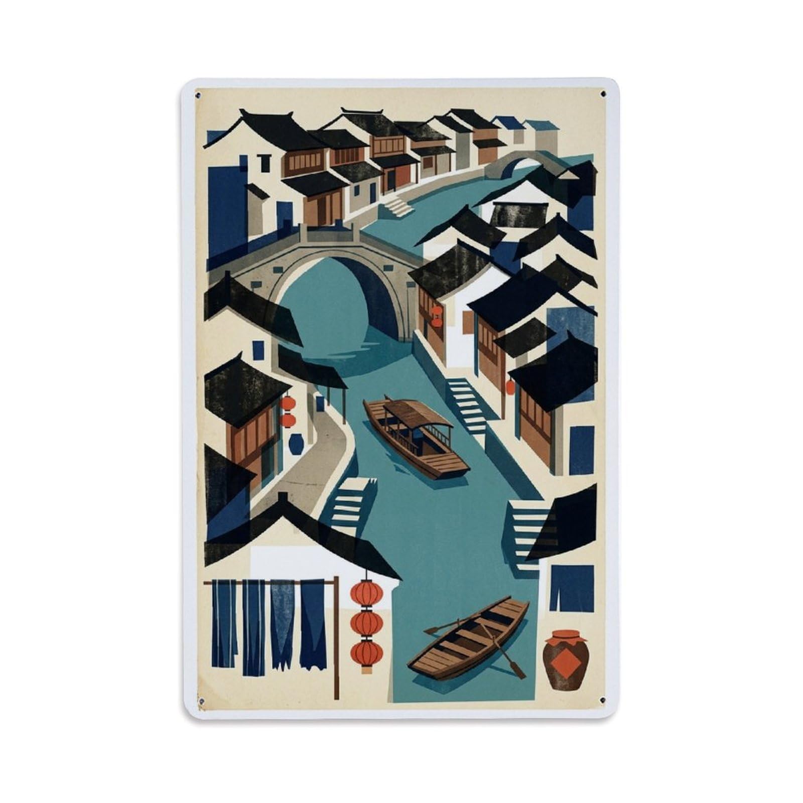 Okngb Style Landmark Graphic Wuzhen Urban Geometric Illustration Metal Tin Sign Plaque Wall Decor For Cafe, Man Cave, Club Bar, Office, Home Garden Round Metal Poster 8X12inch