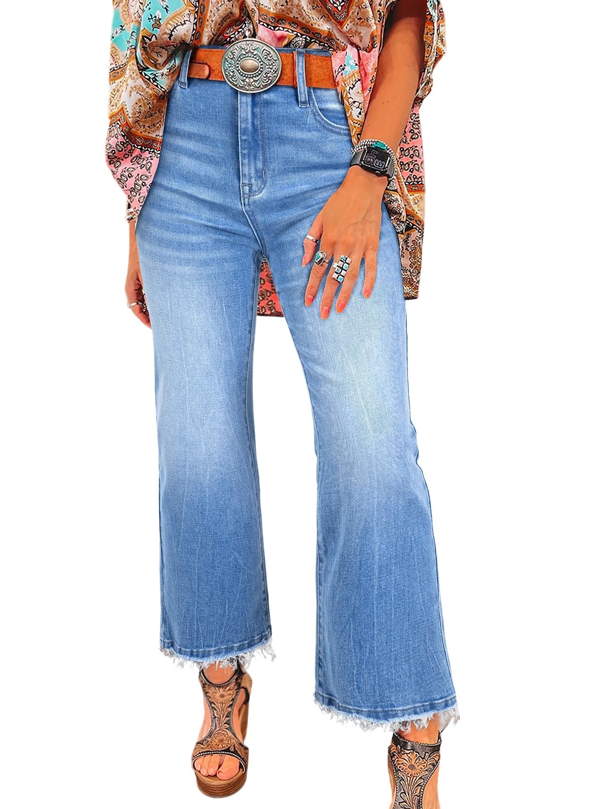 Astylish Womens High Waisted Jeans Stretchy Flared Straight Leg Loose Trendy Raw Hem Denim Pants